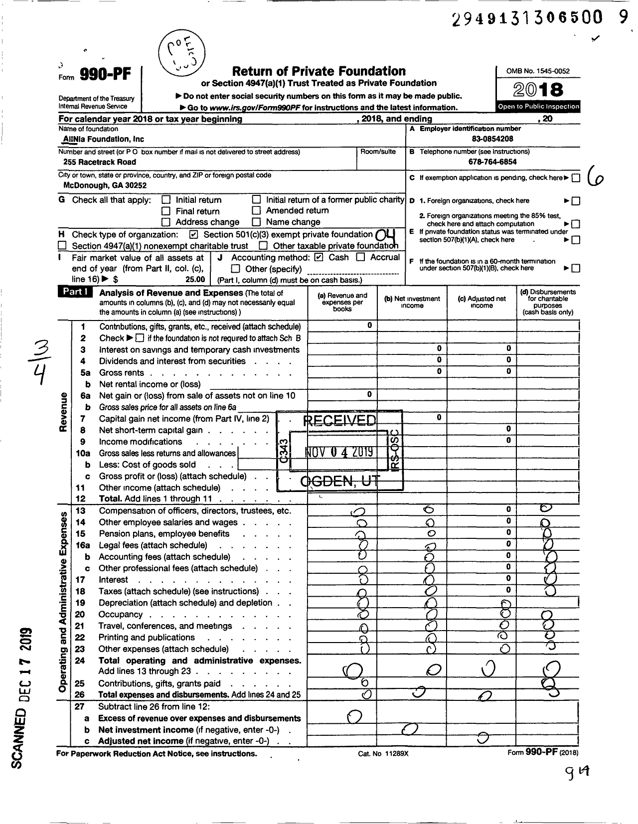 Image of first page of 2018 Form 990PF for Allnia Foundation