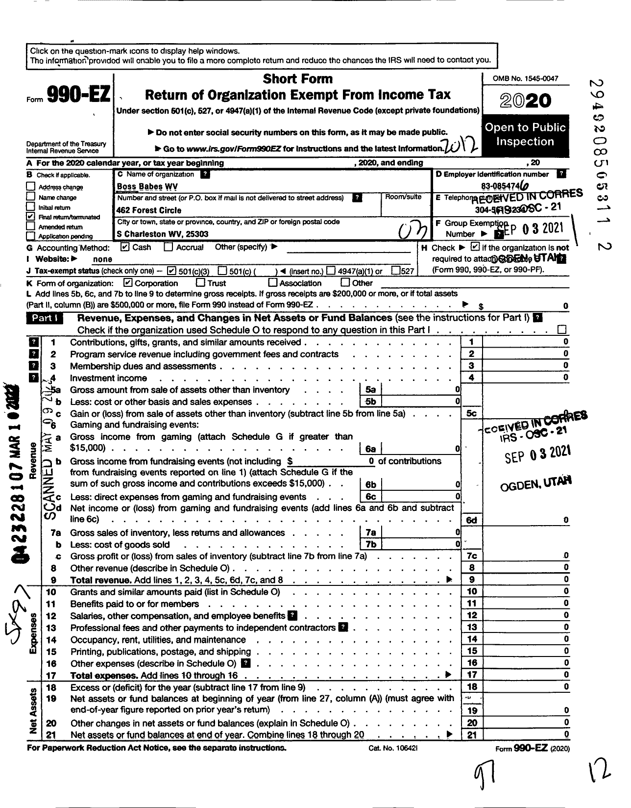 Image of first page of 2020 Form 990EZ for Boss Babes WV