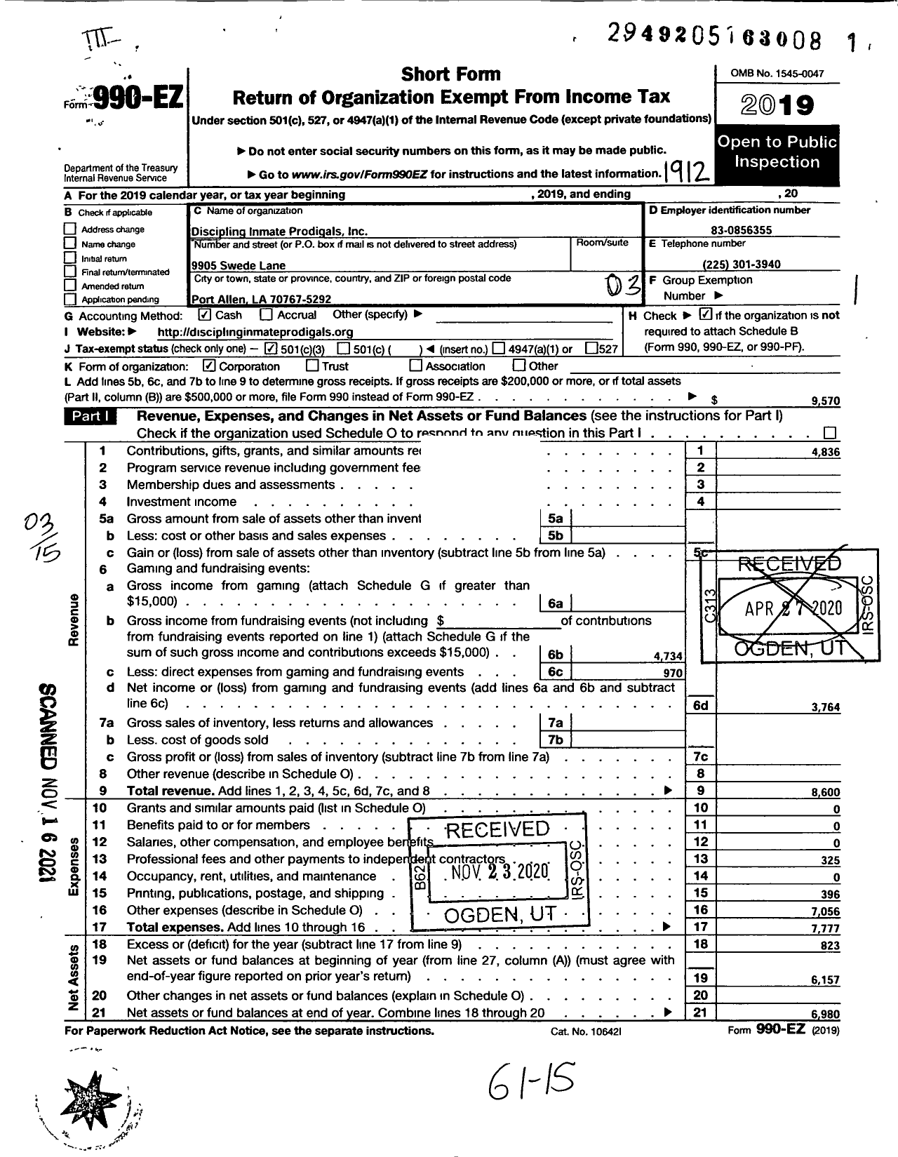 Image of first page of 2019 Form 990EZ for Discipling Inmate Prodigals (DIP)