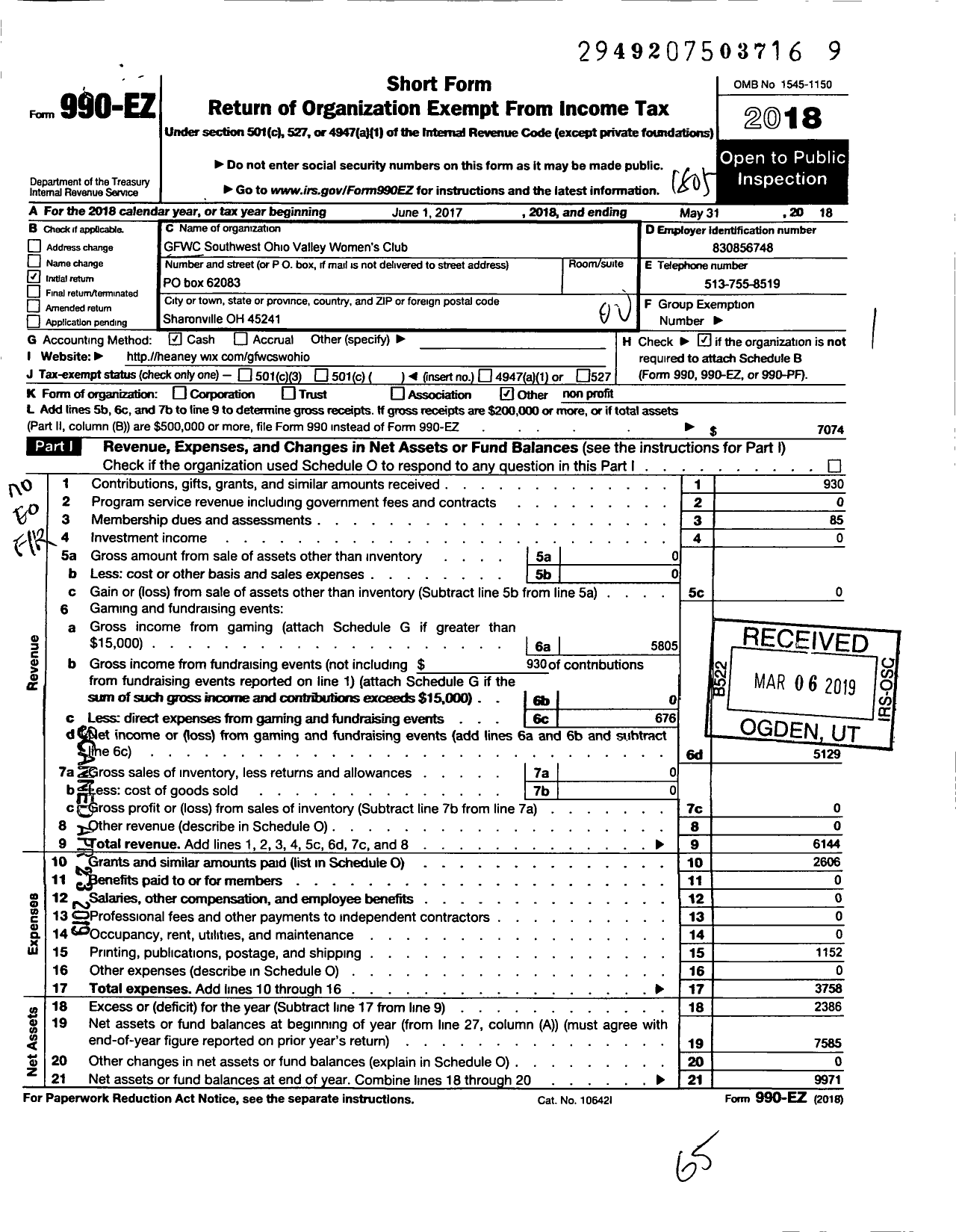 Image of first page of 2017 Form 990EO for General Federation of Womens Clubs / GFWC Southwest Ohio Valley Womens