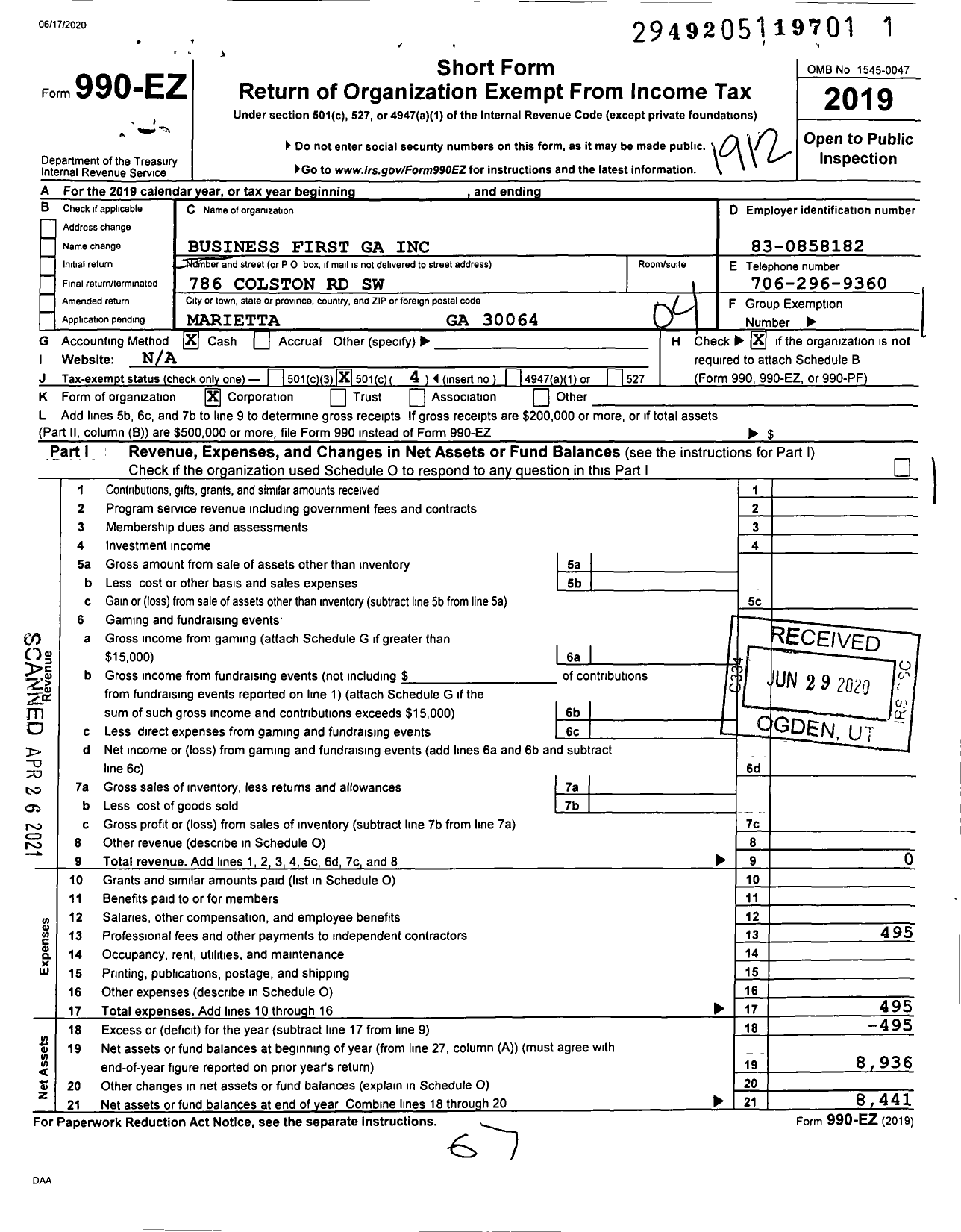 Image of first page of 2019 Form 990EO for Business First Ga