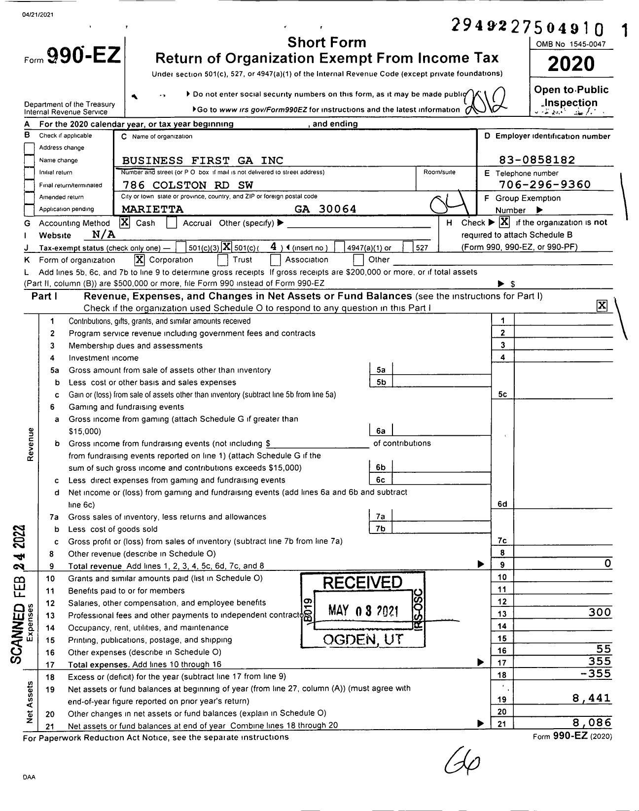 Image of first page of 2020 Form 990EO for Business First Ga