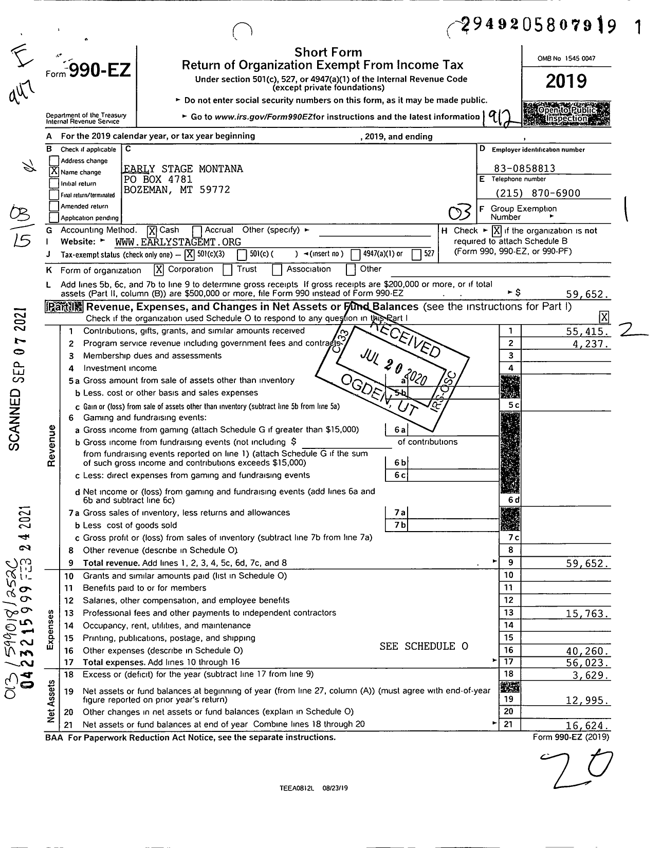 Image of first page of 2019 Form 990EZ for Early Stage MT