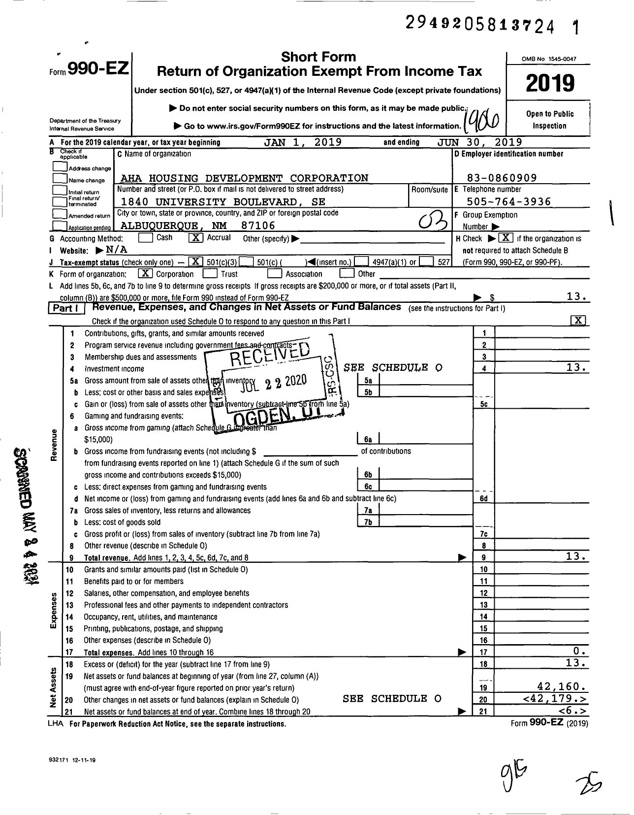 Image of first page of 2018 Form 990EZ for Aha Housing Development Corporation