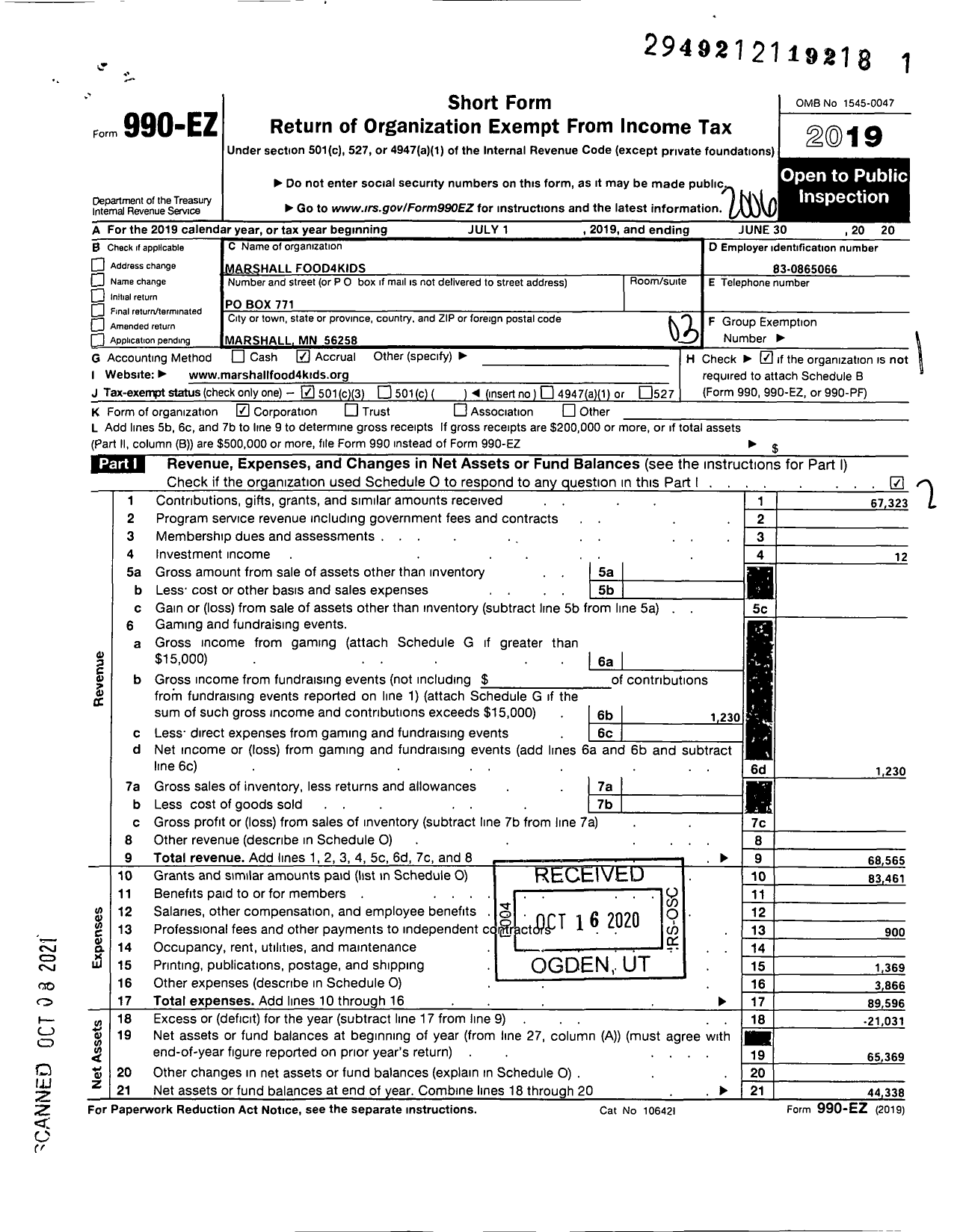 Image of first page of 2019 Form 990EZ for Marshall Food4kids