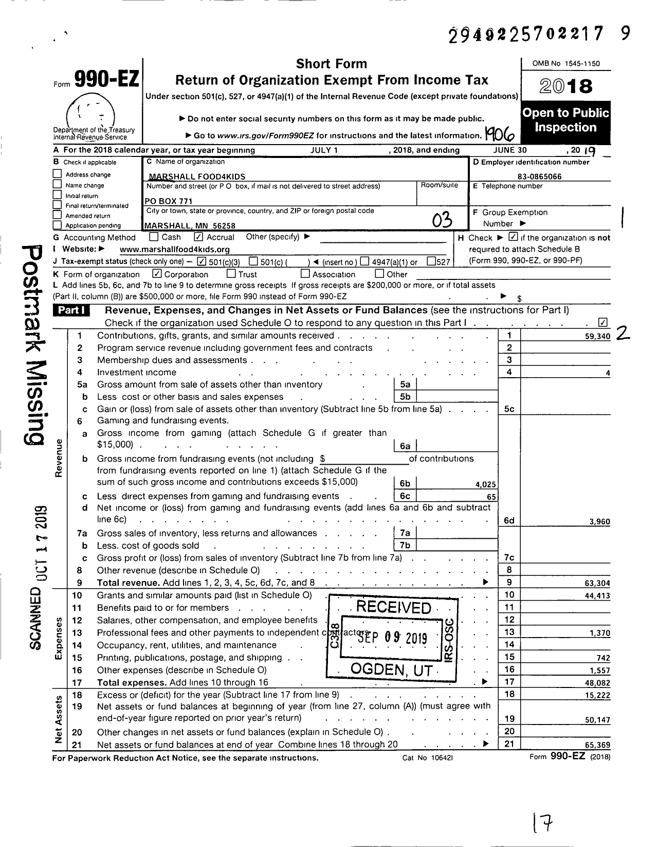 Image of first page of 2018 Form 990EZ for Marshall Food4kids