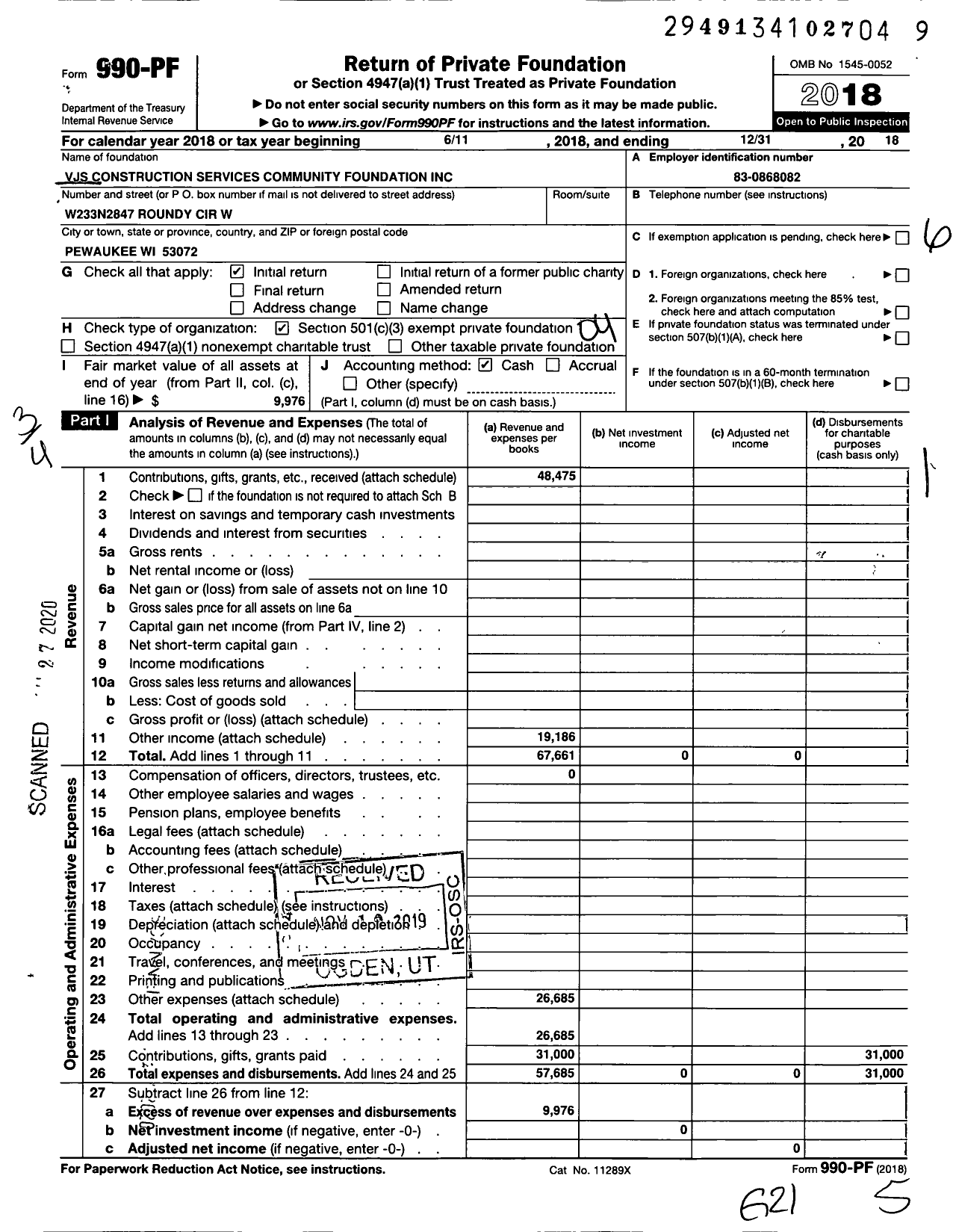 Image of first page of 2018 Form 990PF for VJS Construction Services Community Foundation