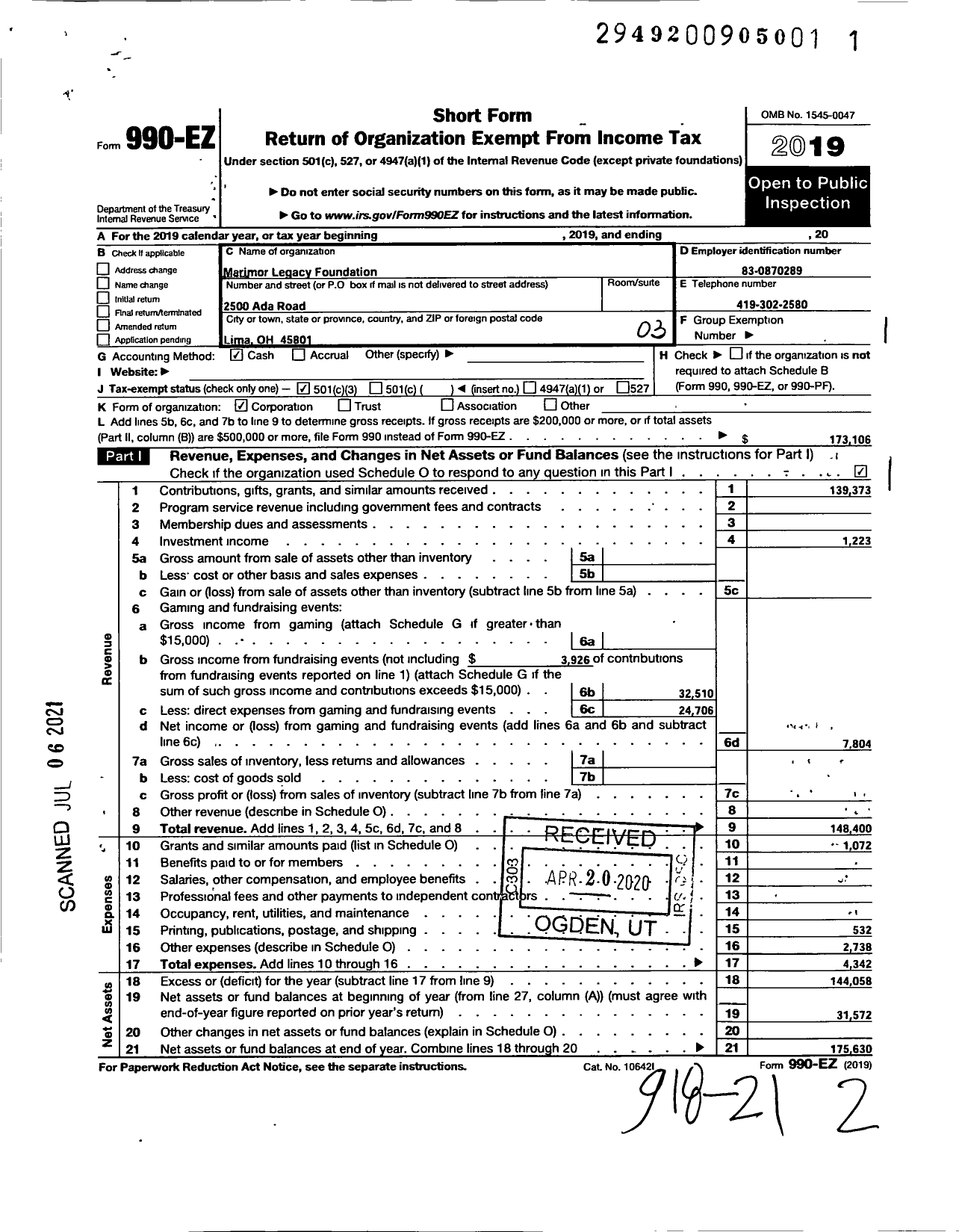 Image of first page of 2019 Form 990EZ for Marimor Legacy Foundation