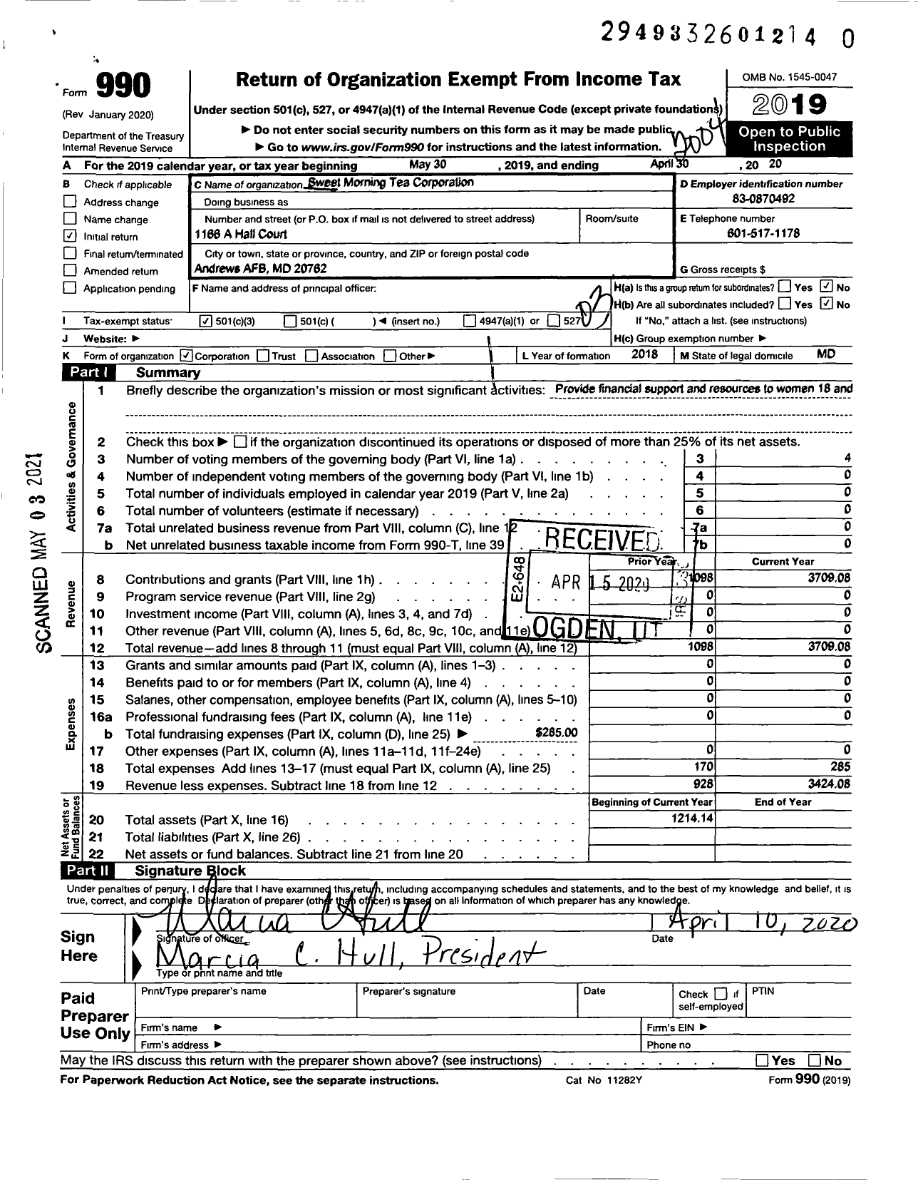 Image of first page of 2019 Form 990 for Sweet Morning Tea Corporation