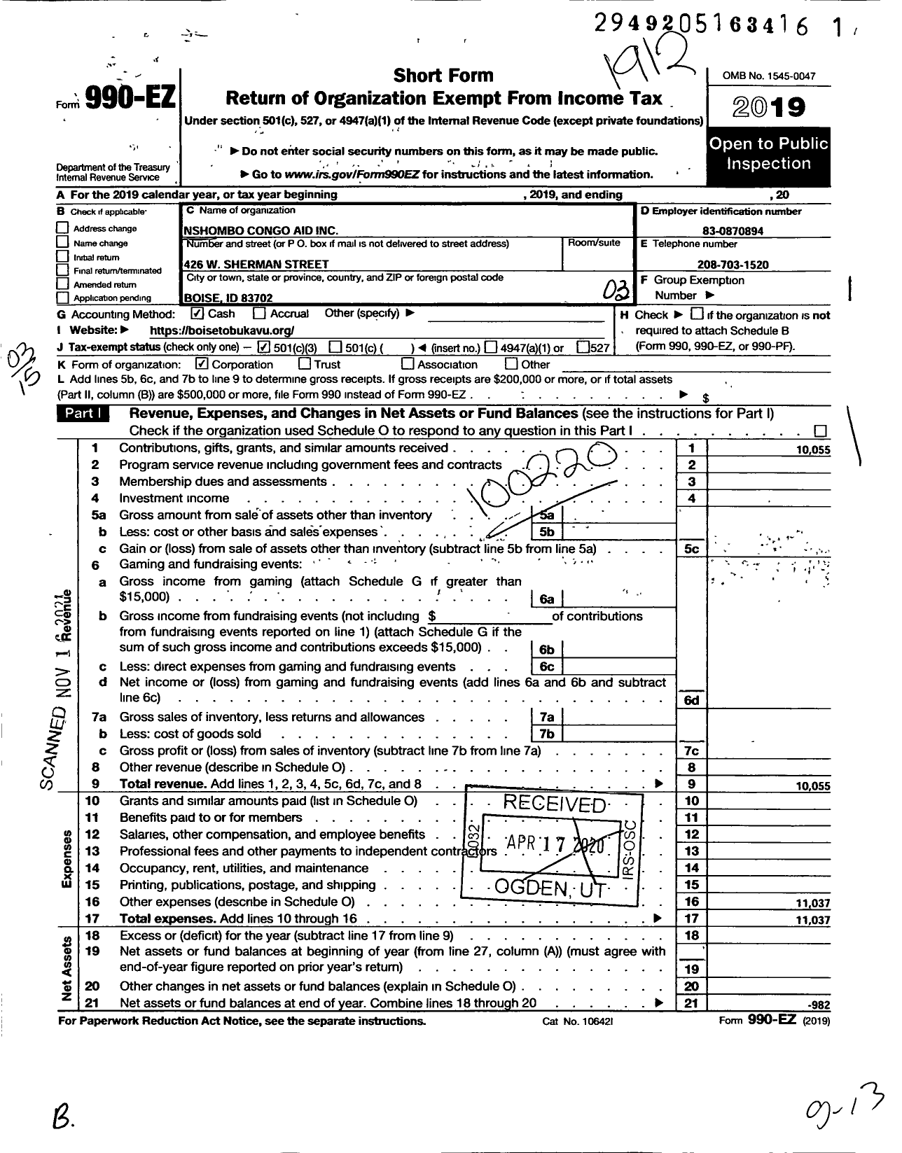 Image of first page of 2019 Form 990EZ for Nshombo Congo Aid (NCA)