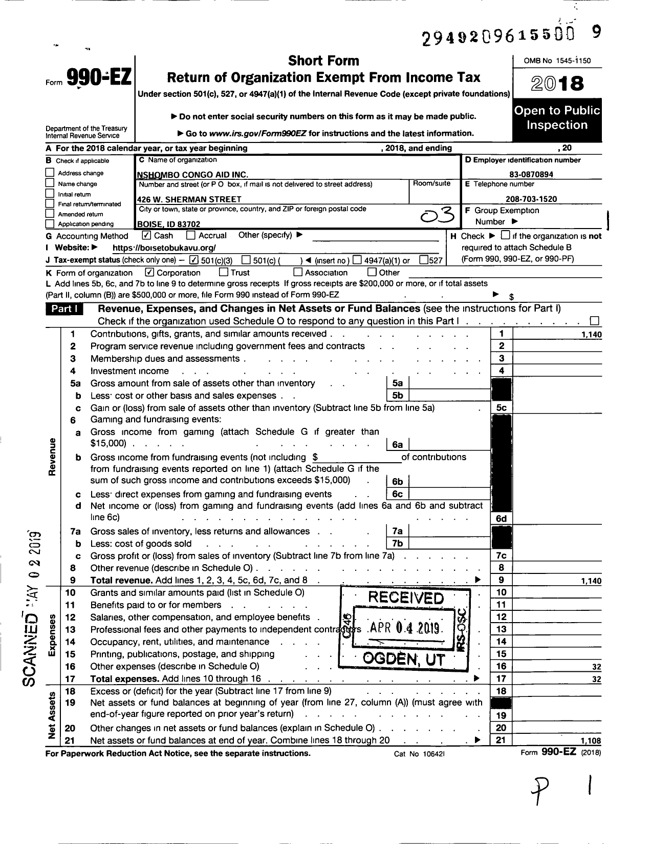 Image of first page of 2018 Form 990EZ for Nshombo Congo Aid (NCA)