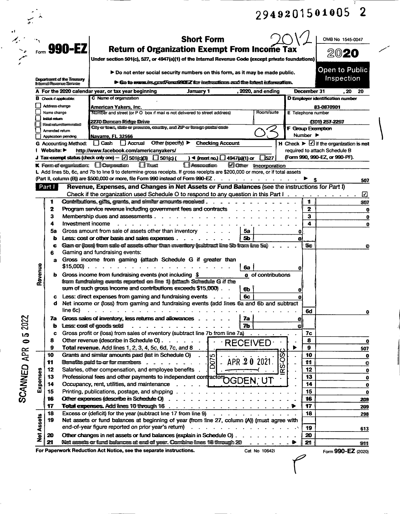 Image of first page of 2020 Form 990EZ for American Yakers