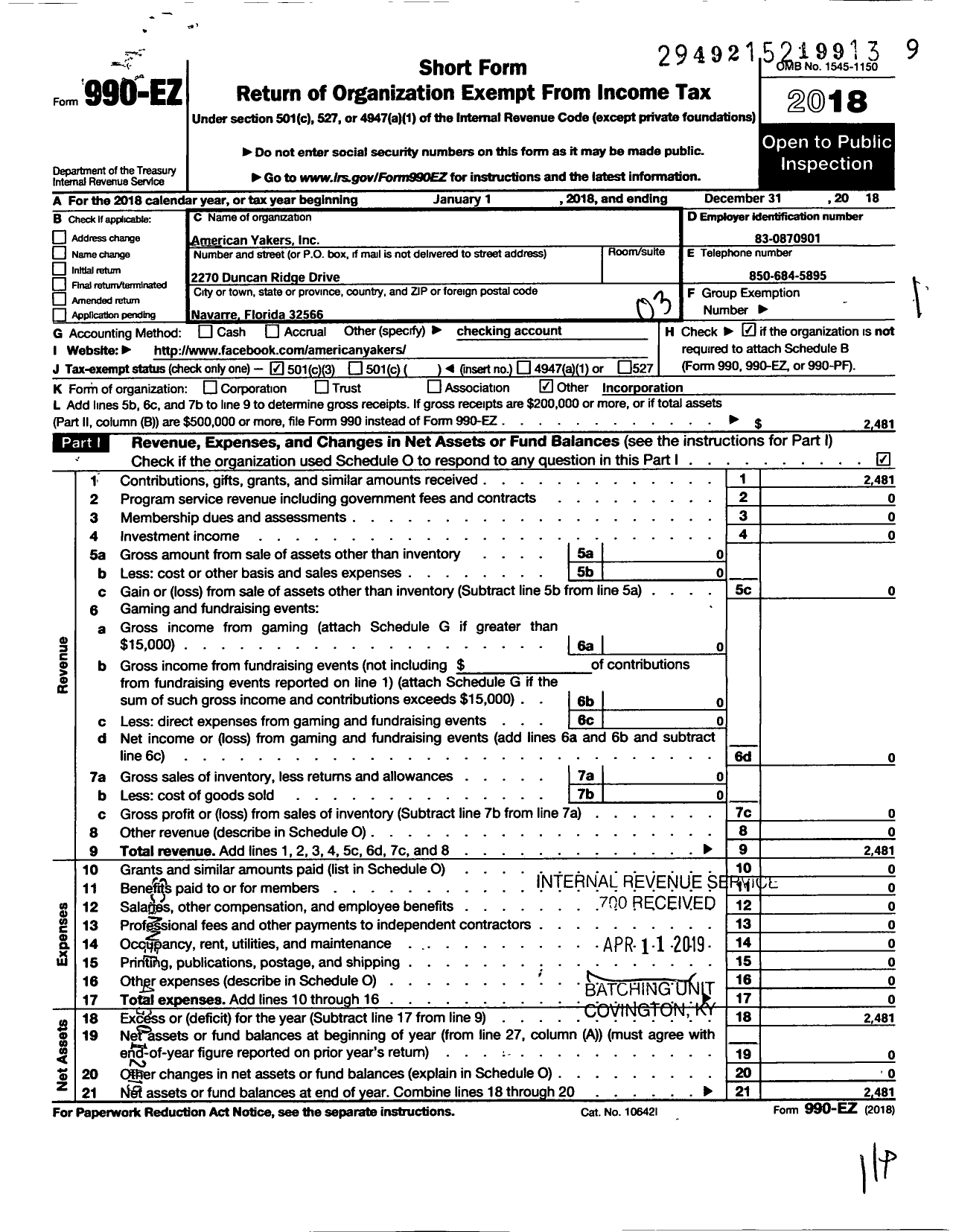 Image of first page of 2018 Form 990EZ for American Yakers