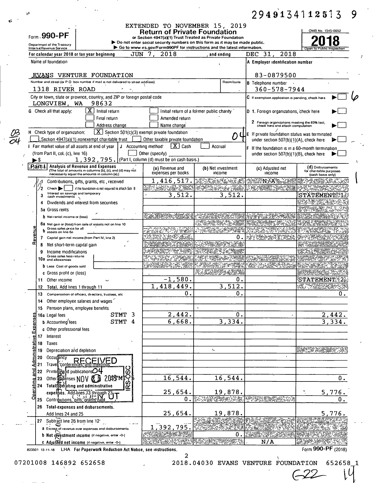 Image of first page of 2018 Form 990PF for Evans Venture Foundation