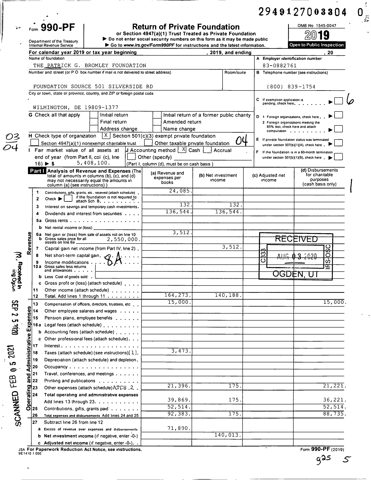 Image of first page of 2019 Form 990PF for The Patrick G Bromley Foundation