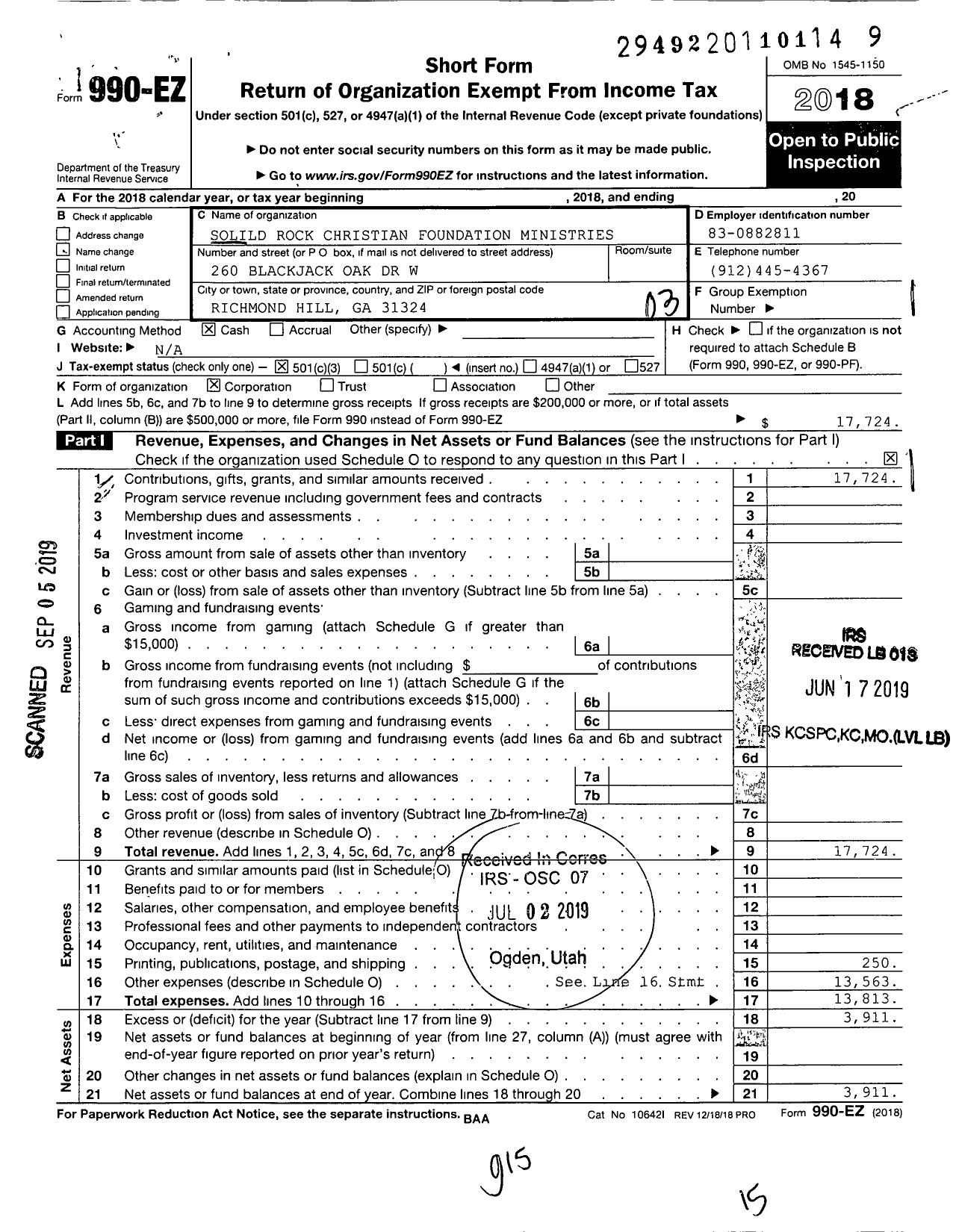 Image of first page of 2018 Form 990EZ for Solild Rock Christian Foundation Ministries