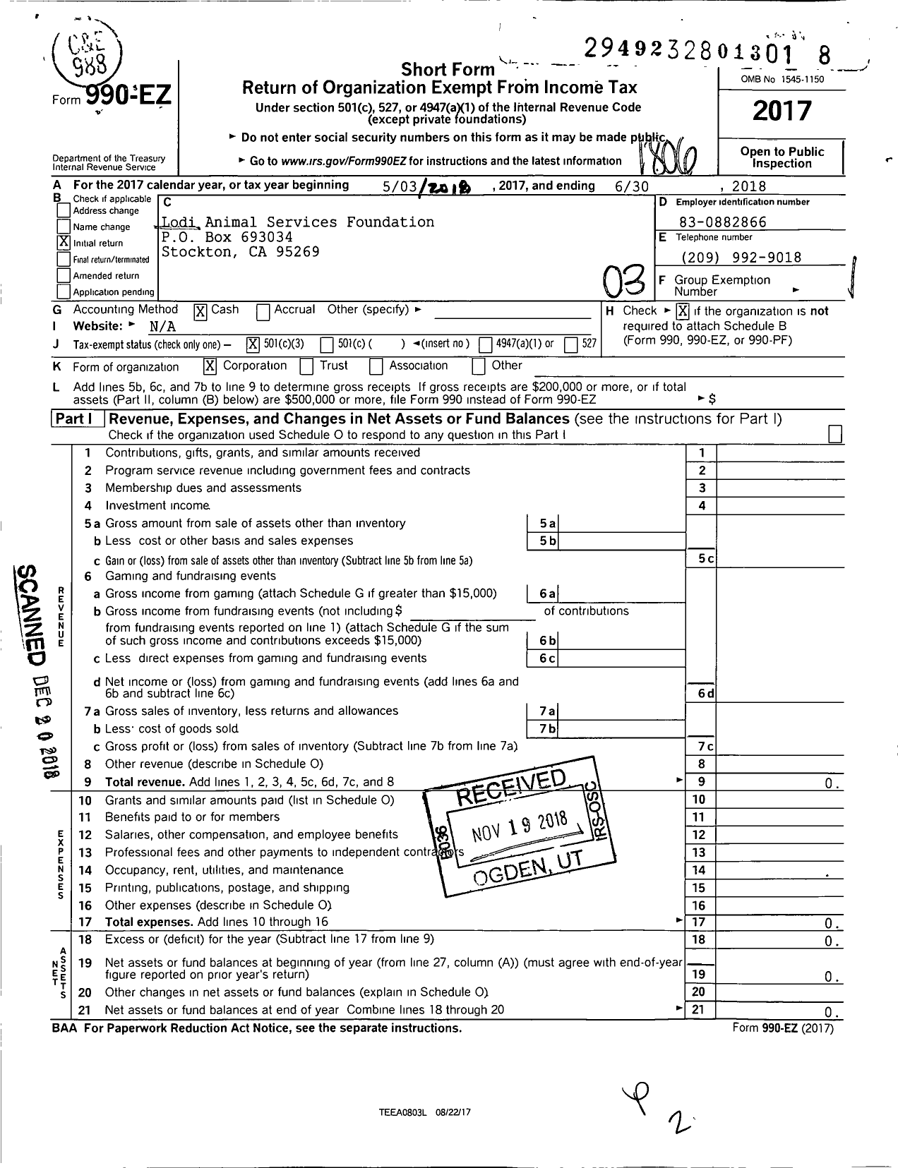 Image of first page of 2017 Form 990EZ for Lodi Animal Services Foundation