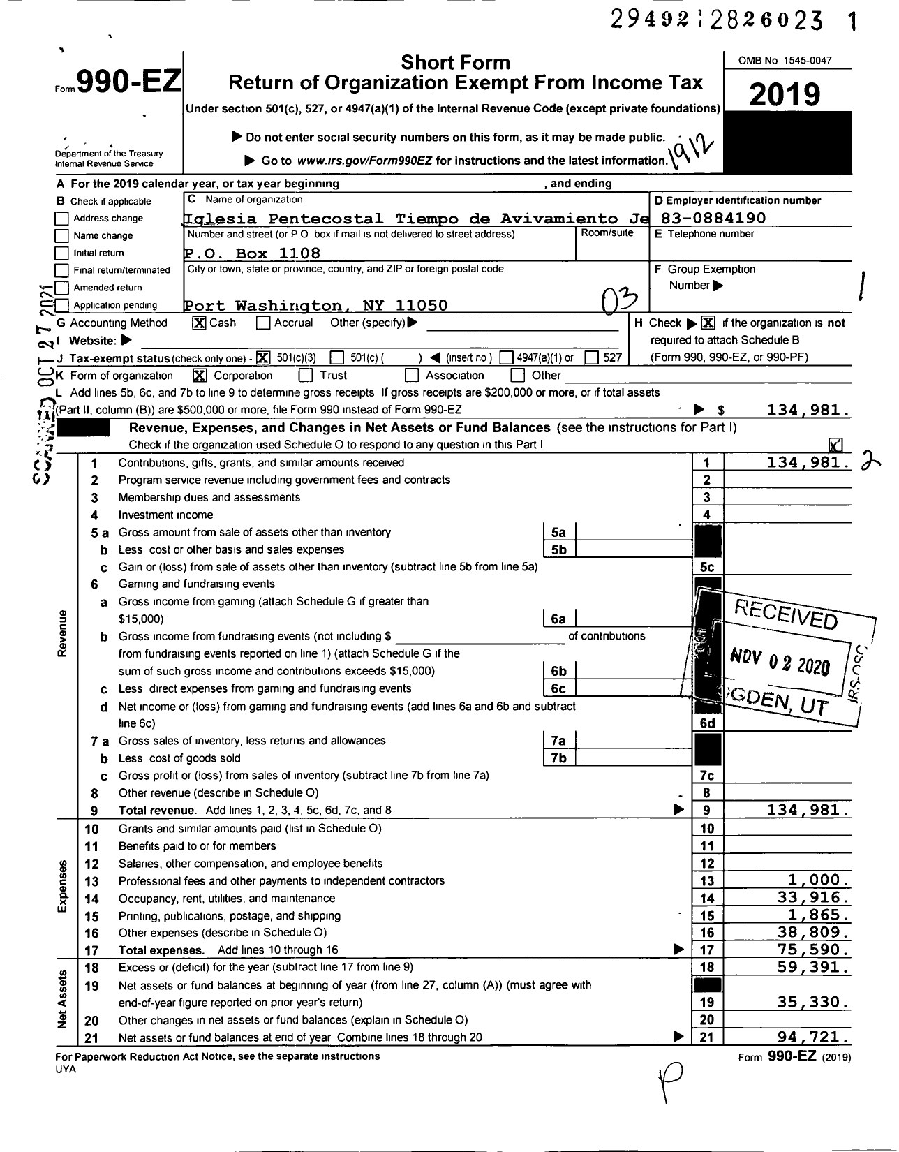 Image of first page of 2019 Form 990EZ for Iglesia Pentecostal Tiempo de Avivamiento Jesus es Luz