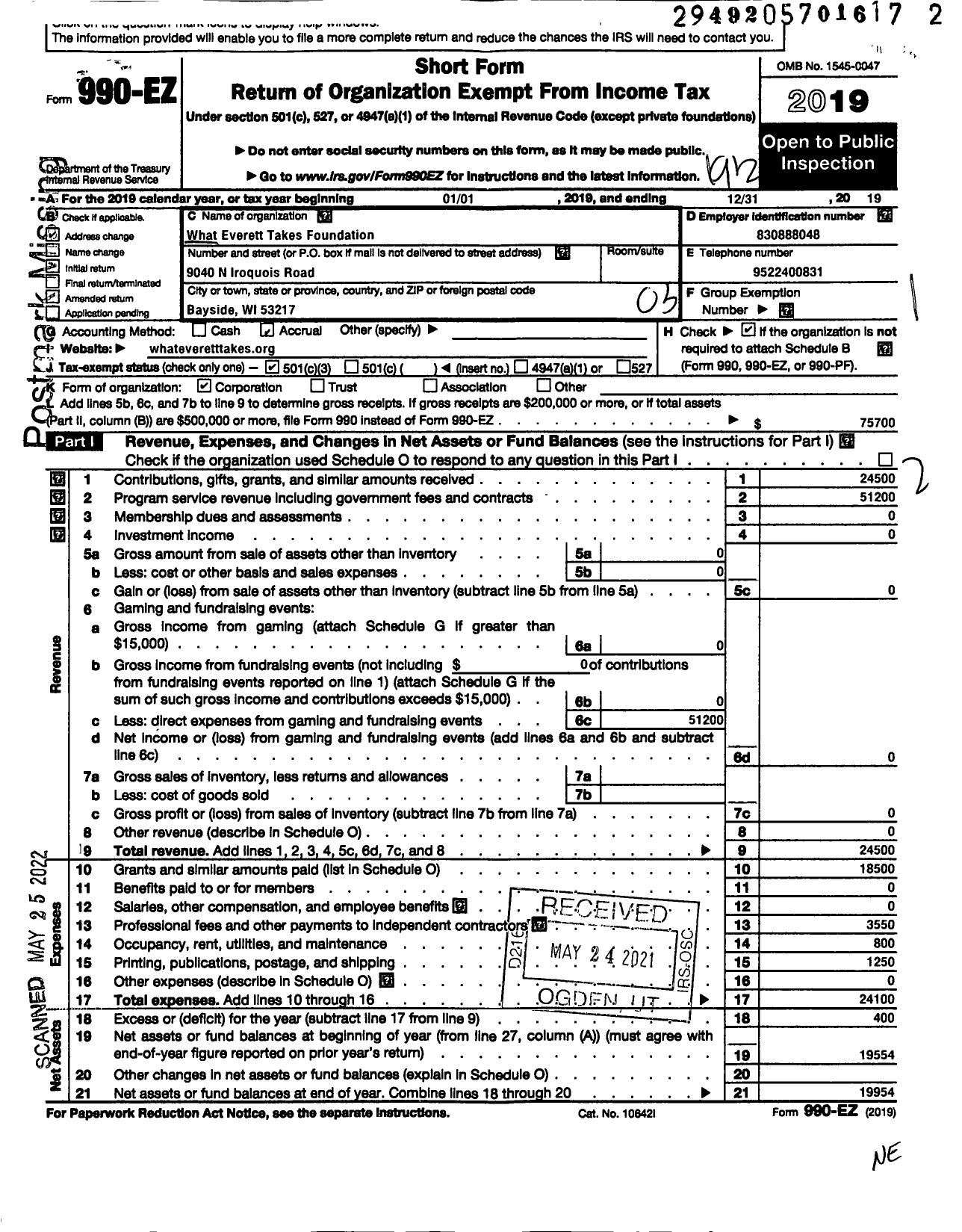 Image of first page of 2019 Form 990EZ for What Everett Takes Foundation