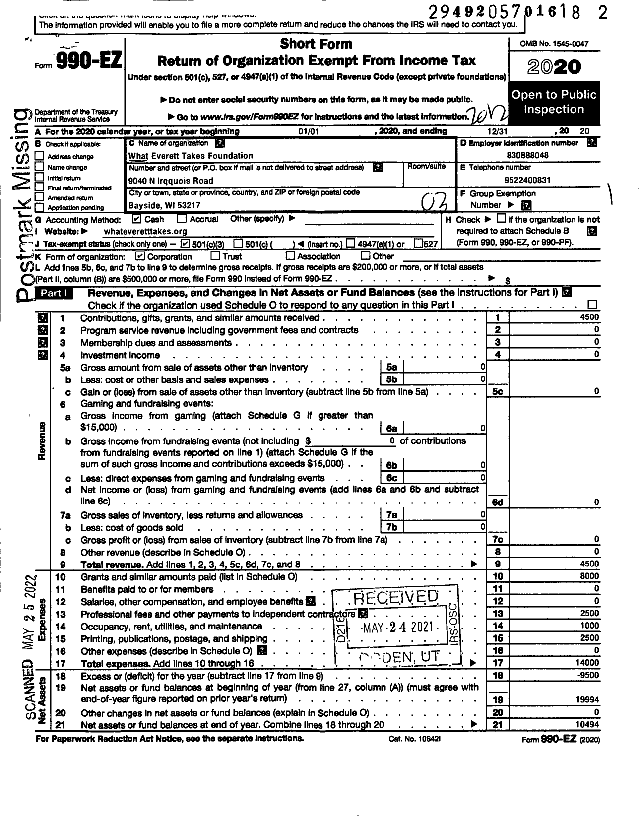 Image of first page of 2020 Form 990EZ for What Everett Takes Foundation