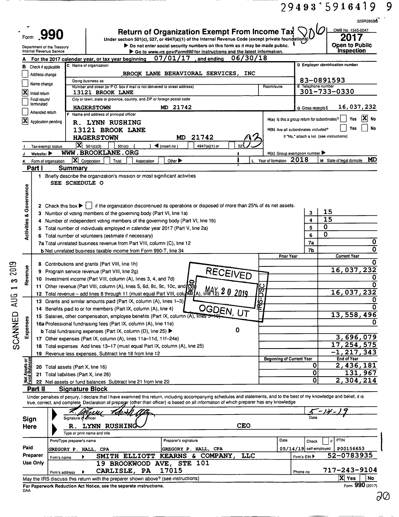Image of first page of 2017 Form 990 for Brook Lane Behavioral Services