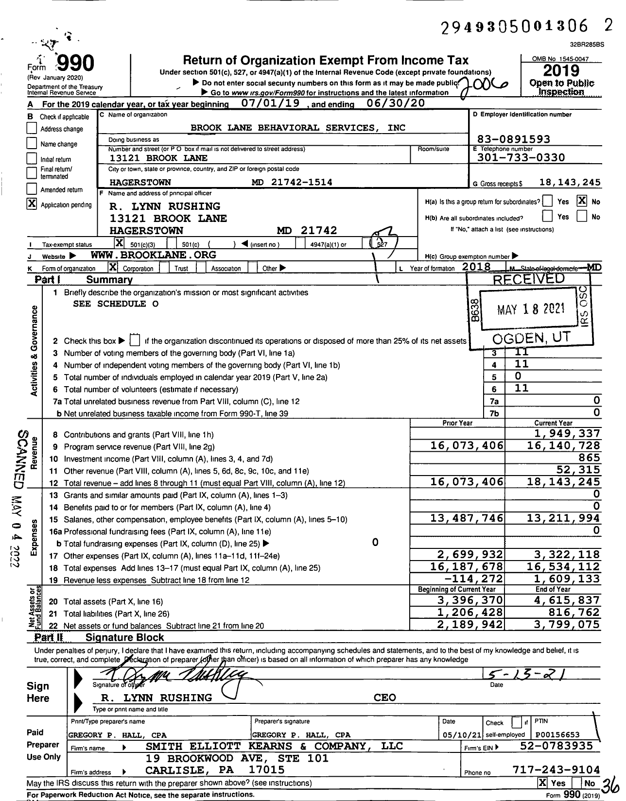 Image of first page of 2019 Form 990 for Brook Lane Behavioral Services