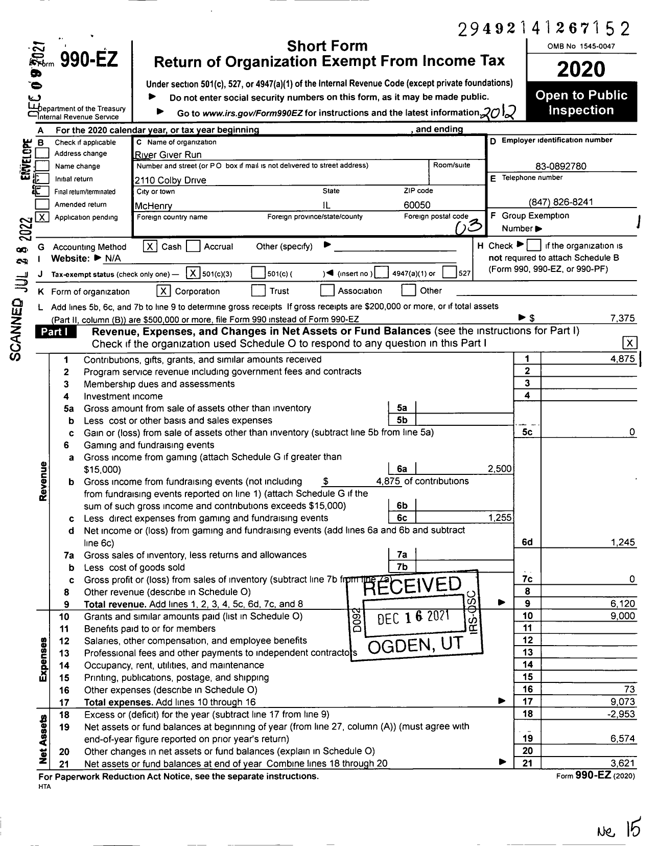 Image of first page of 2020 Form 990EZ for River Giver Run