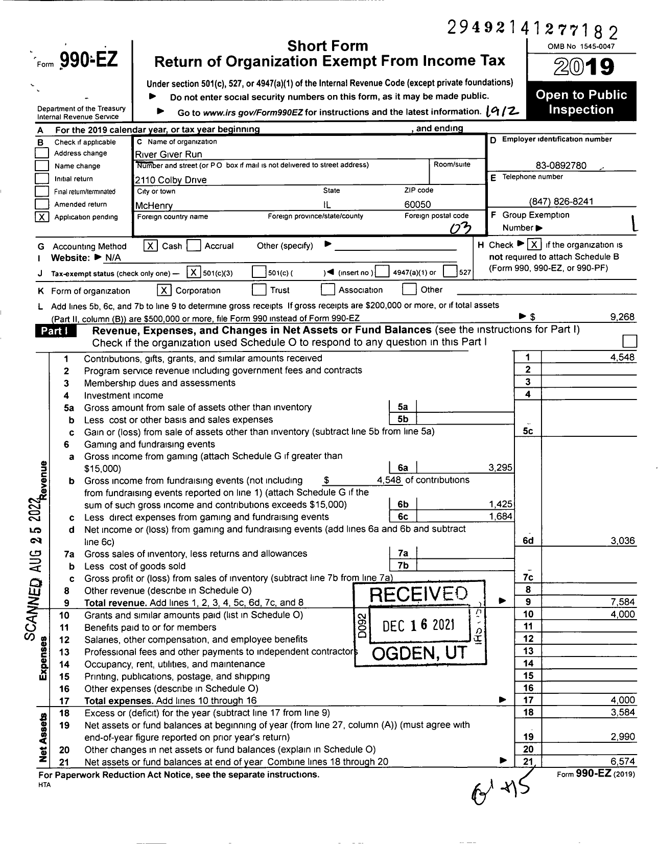 Image of first page of 2019 Form 990EZ for River Giver Run