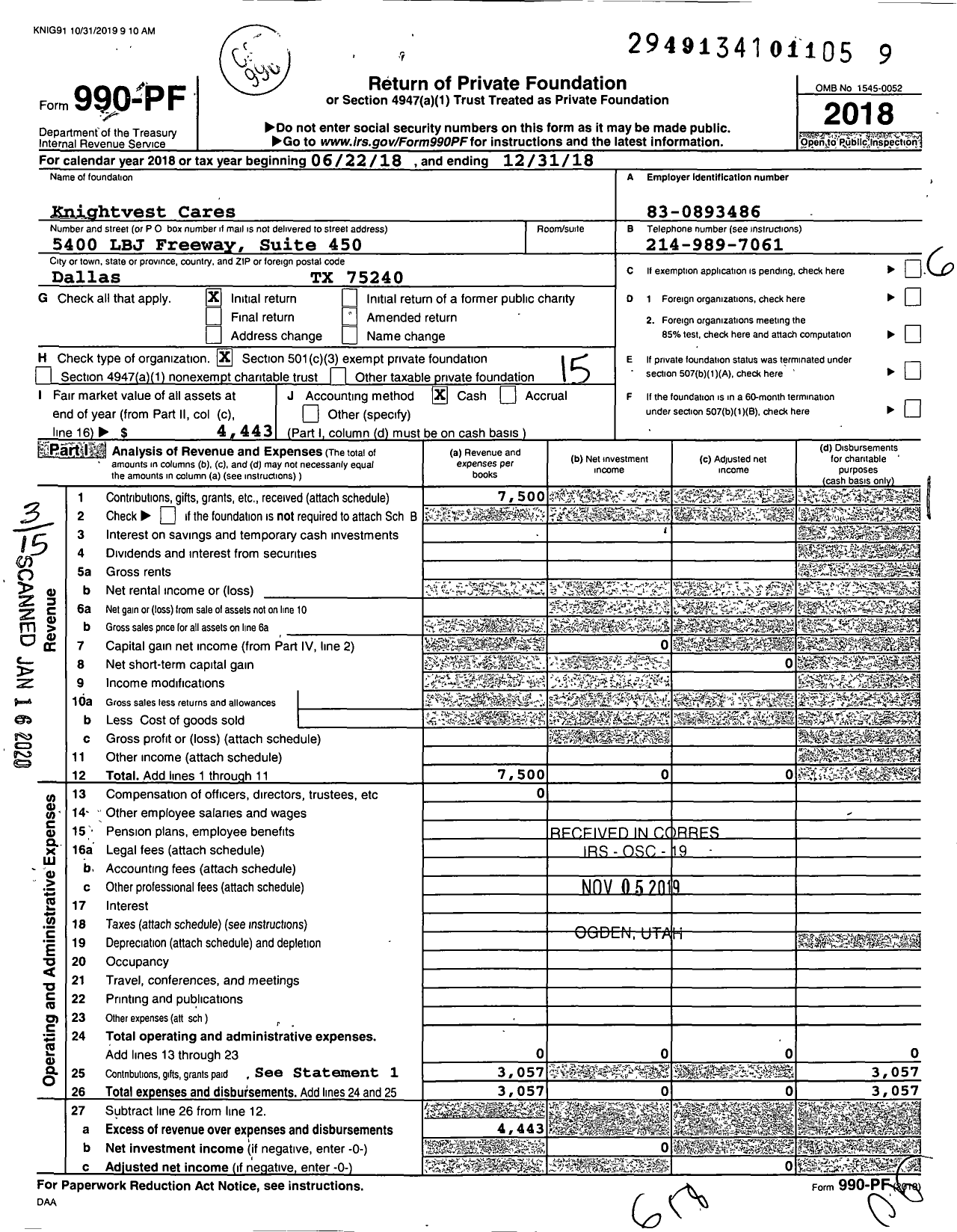 Image of first page of 2018 Form 990PF for Knightvest Cares