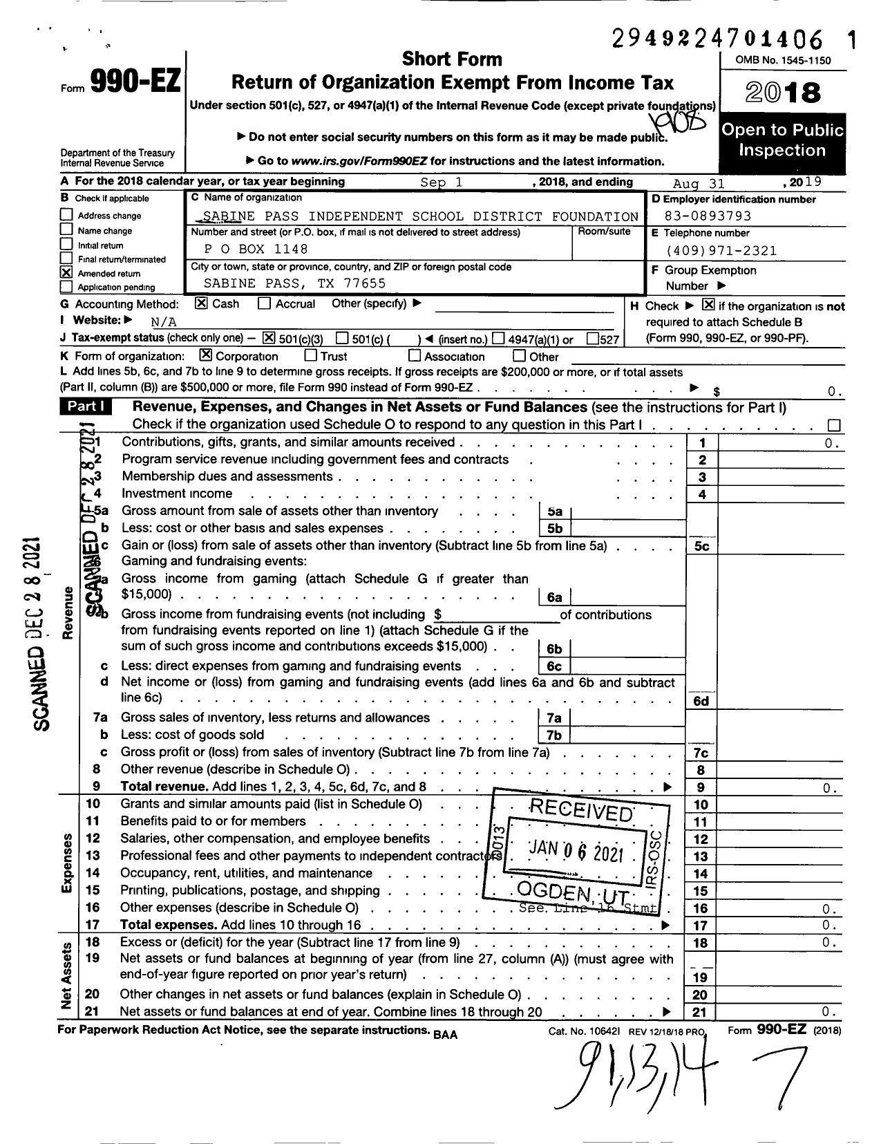 Image of first page of 2018 Form 990EZ for Sabine Pass Independent School District Foundation