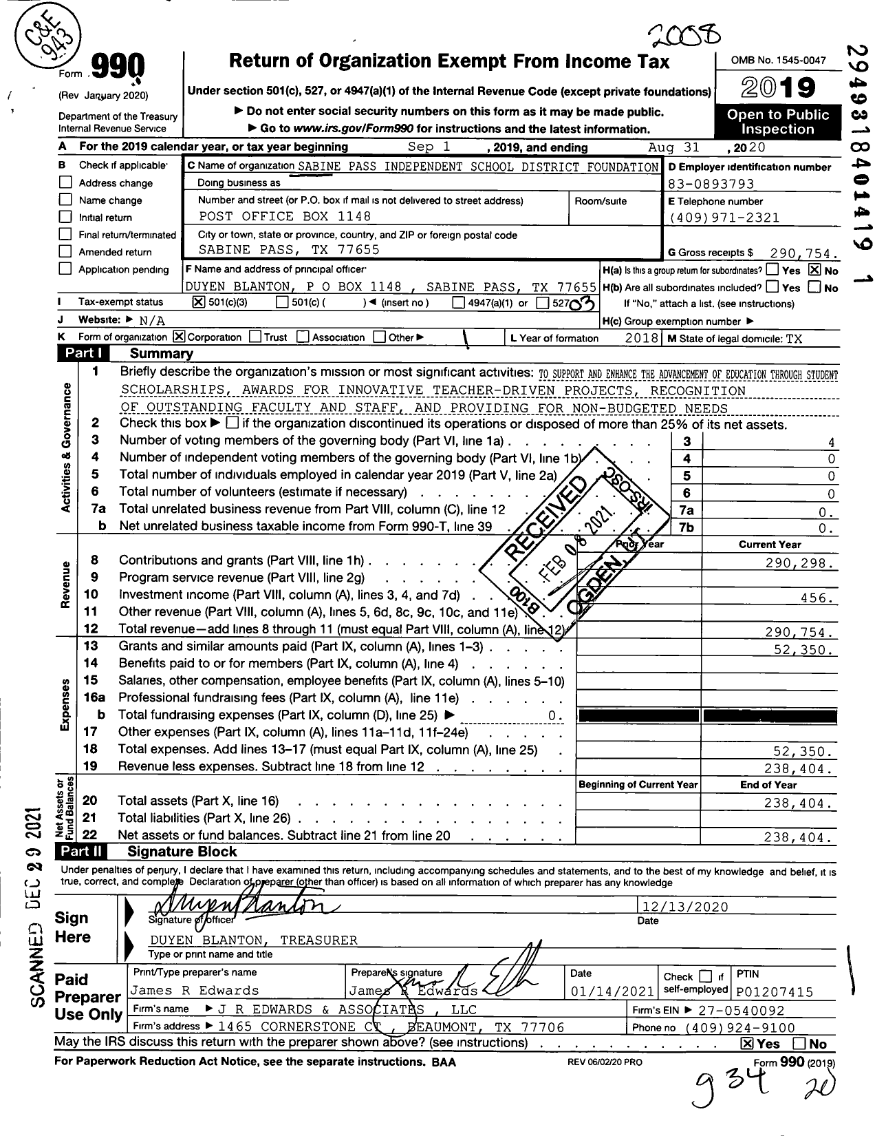 Image of first page of 2019 Form 990 for Sabine Pass Independent School District Foundation