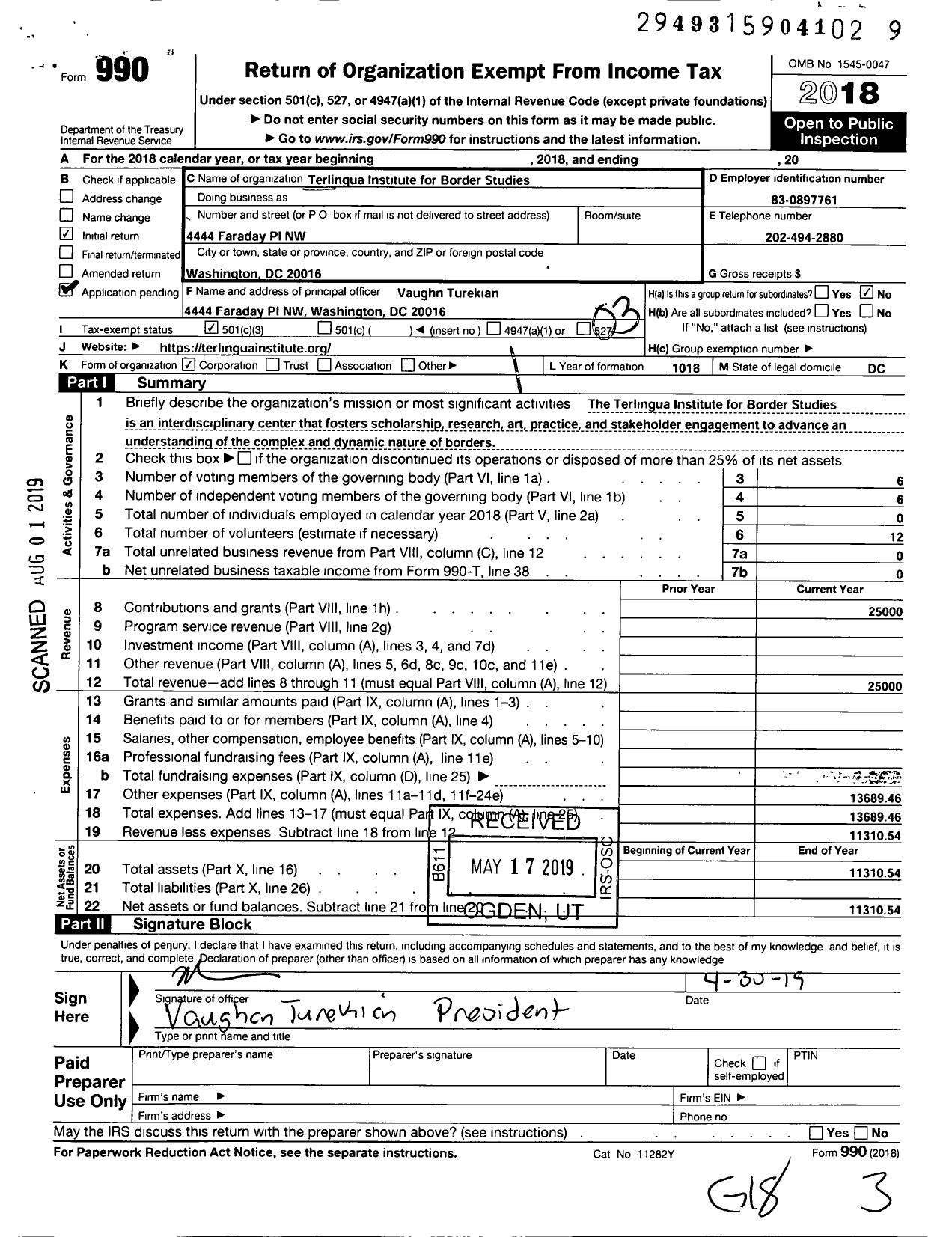 Image of first page of 2018 Form 990 for Terlingua Institute for Border Studies