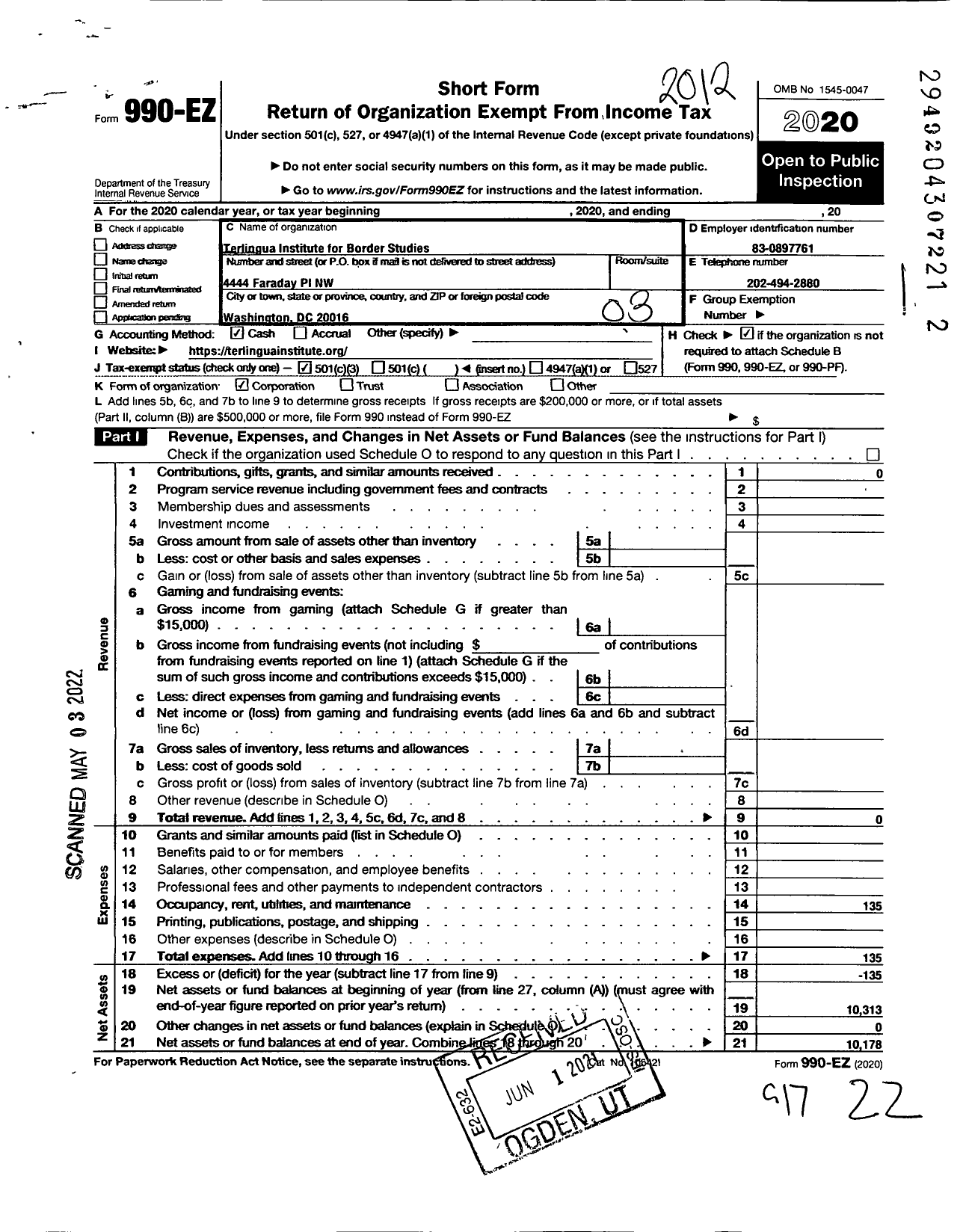 Image of first page of 2020 Form 990EZ for Terlingua Institute for Border Studies