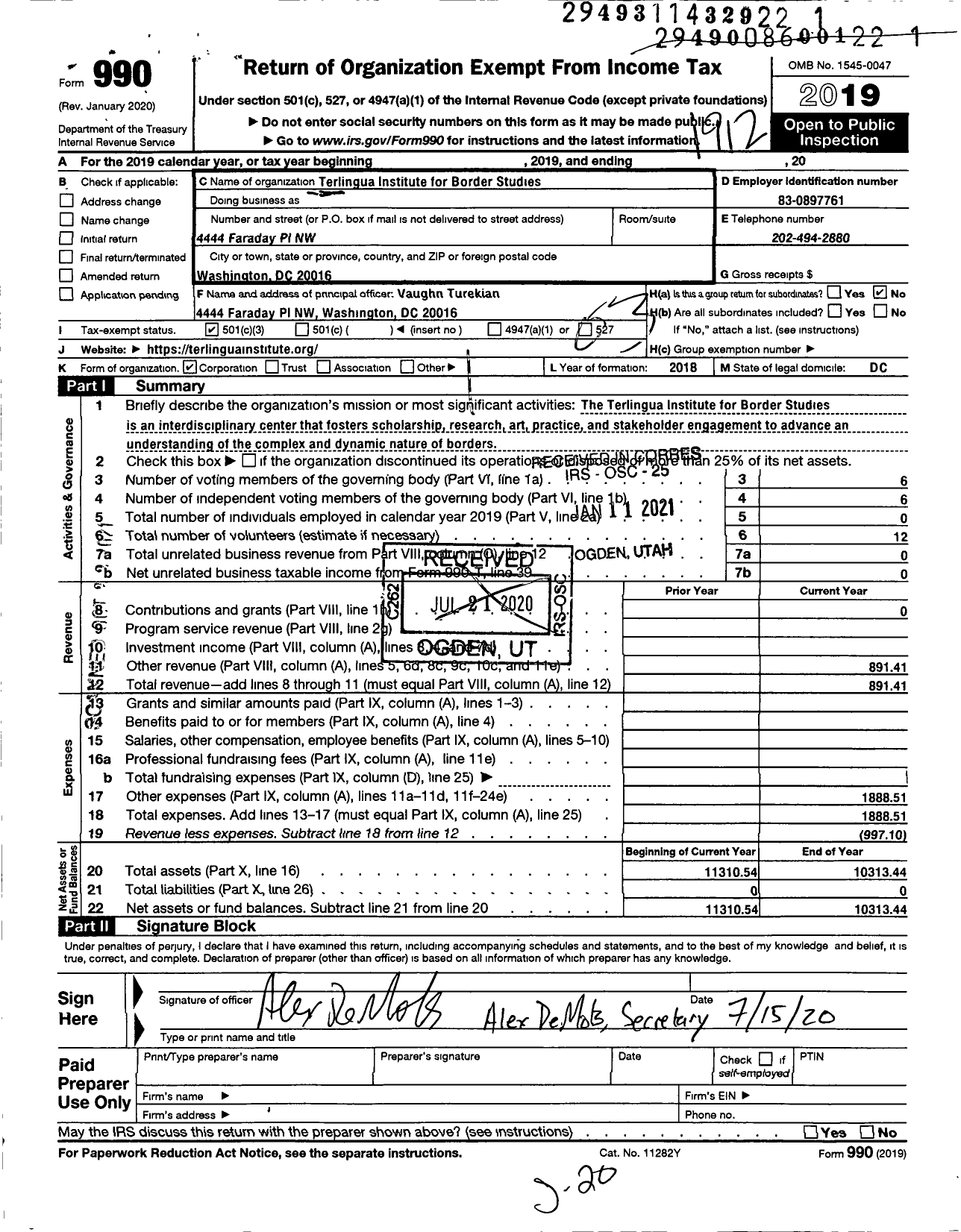 Image of first page of 2019 Form 990 for Terlingua Institute for Border Studies