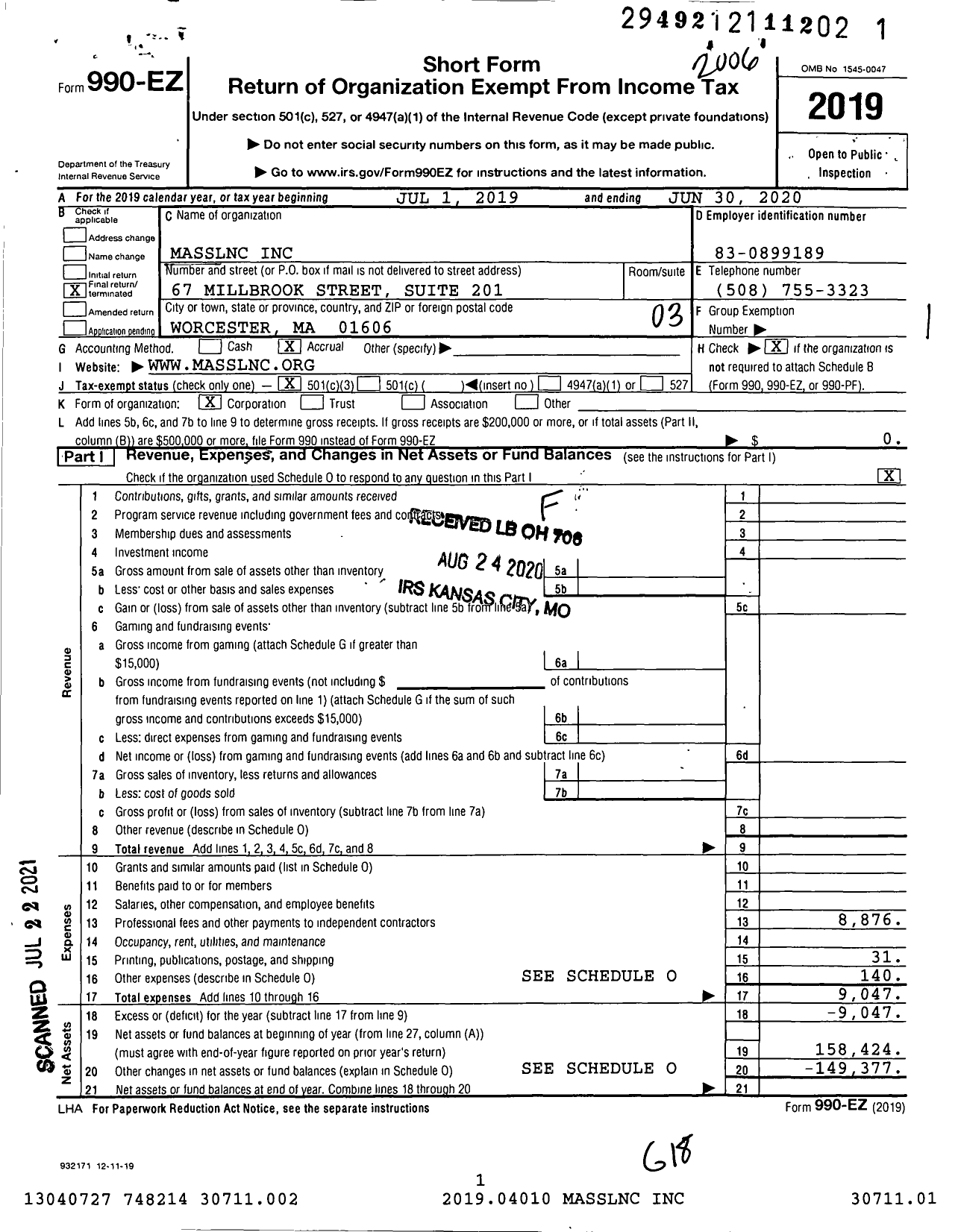 Image of first page of 2019 Form 990EZ for Masslnc