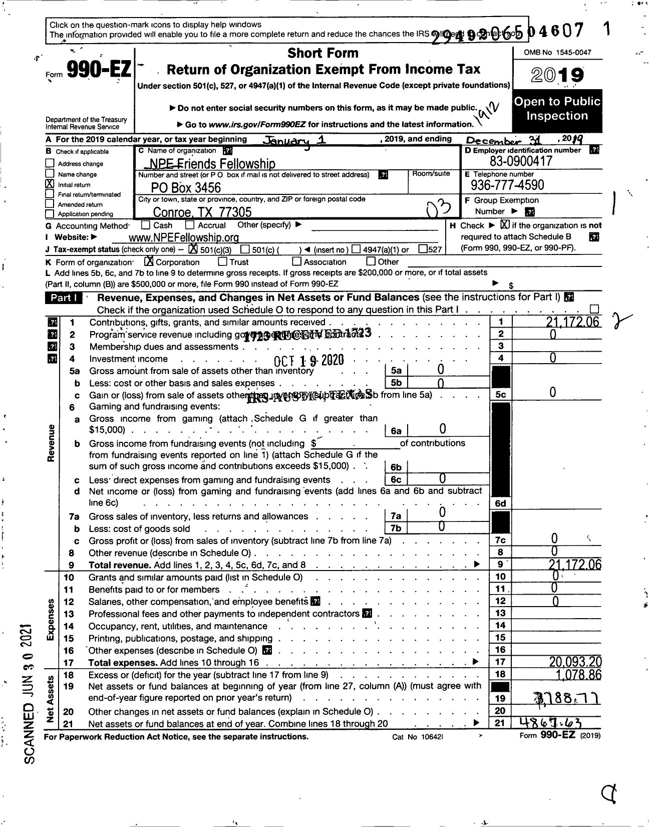 Image of first page of 2019 Form 990EZ for Npe Friends Fellowship