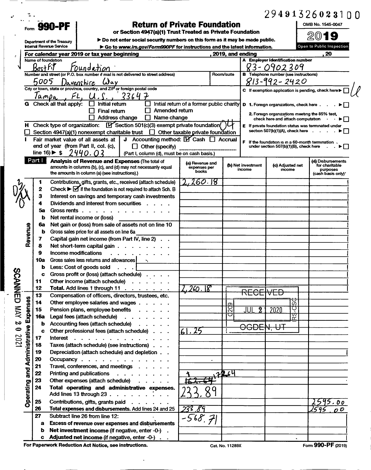 Image of first page of 2019 Form 990PF for Bestfit Foundation