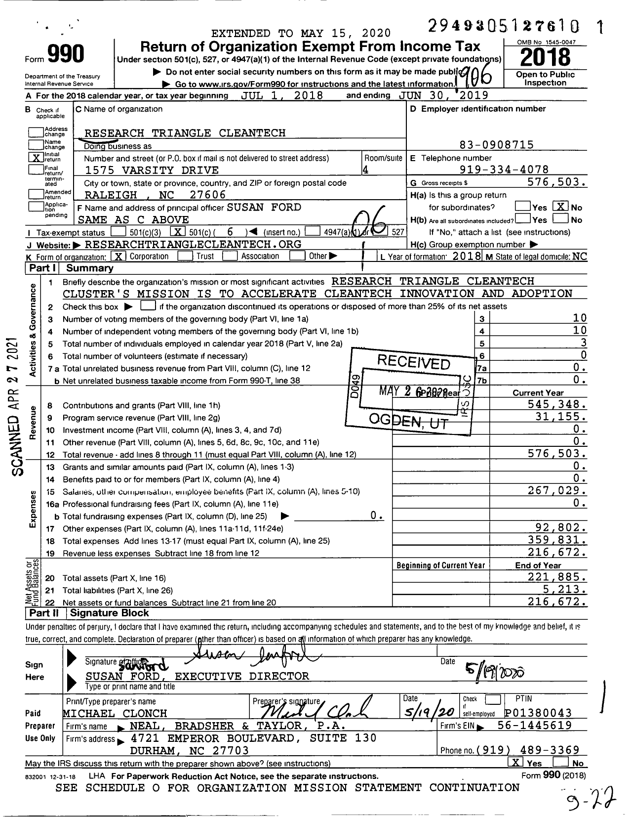 Image of first page of 2018 Form 990O for Research Triangle Cleantech Cluster