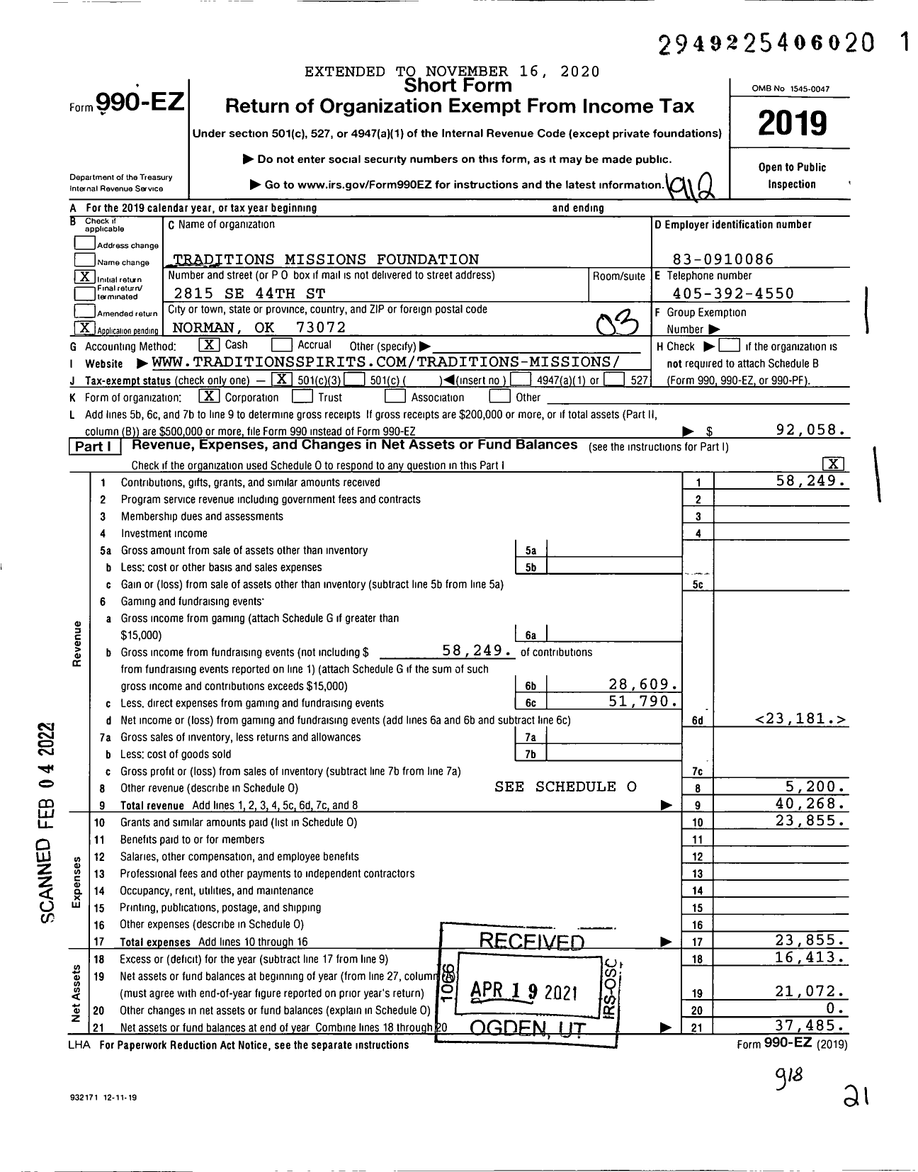 Image of first page of 2019 Form 990EZ for Traditions Missions Foundation