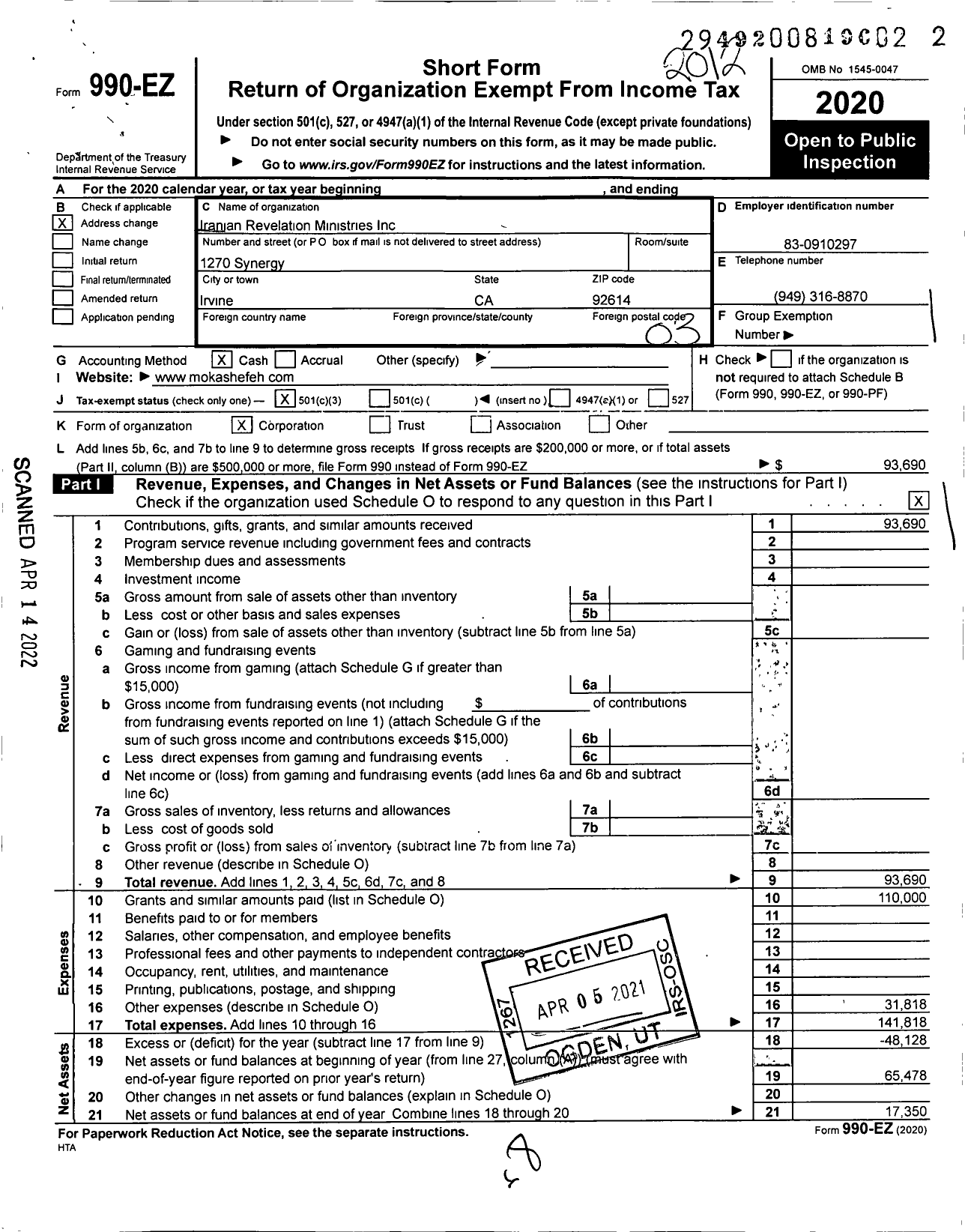 Image of first page of 2020 Form 990EZ for Revelation Ministries