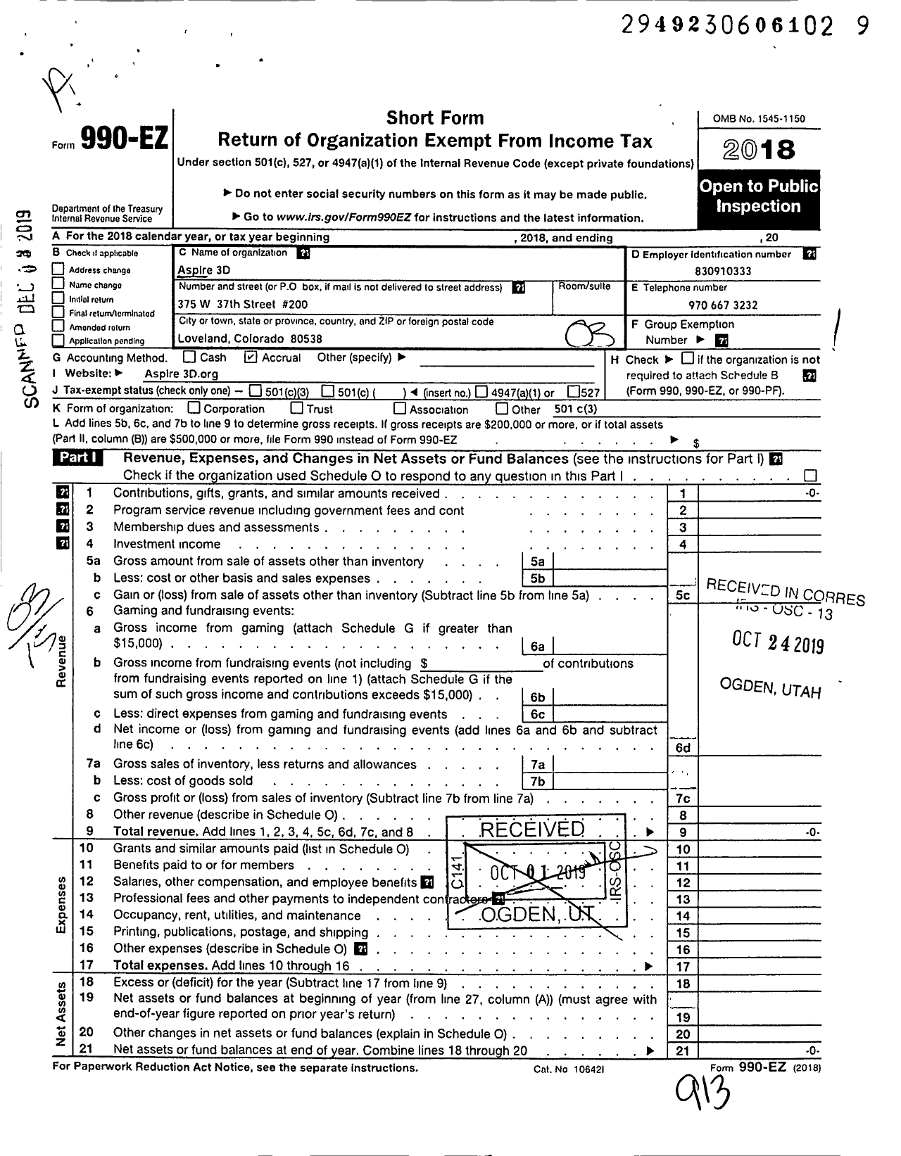 Image of first page of 2018 Form 990EZ for Aspire 3D