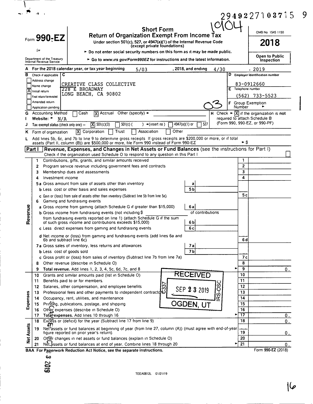 Image of first page of 2018 Form 990EZ for Creative Class Collective