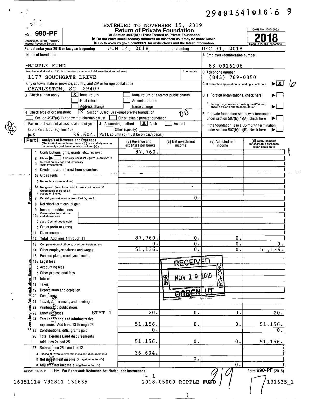 Image of first page of 2018 Form 990PF for Ripple Fund