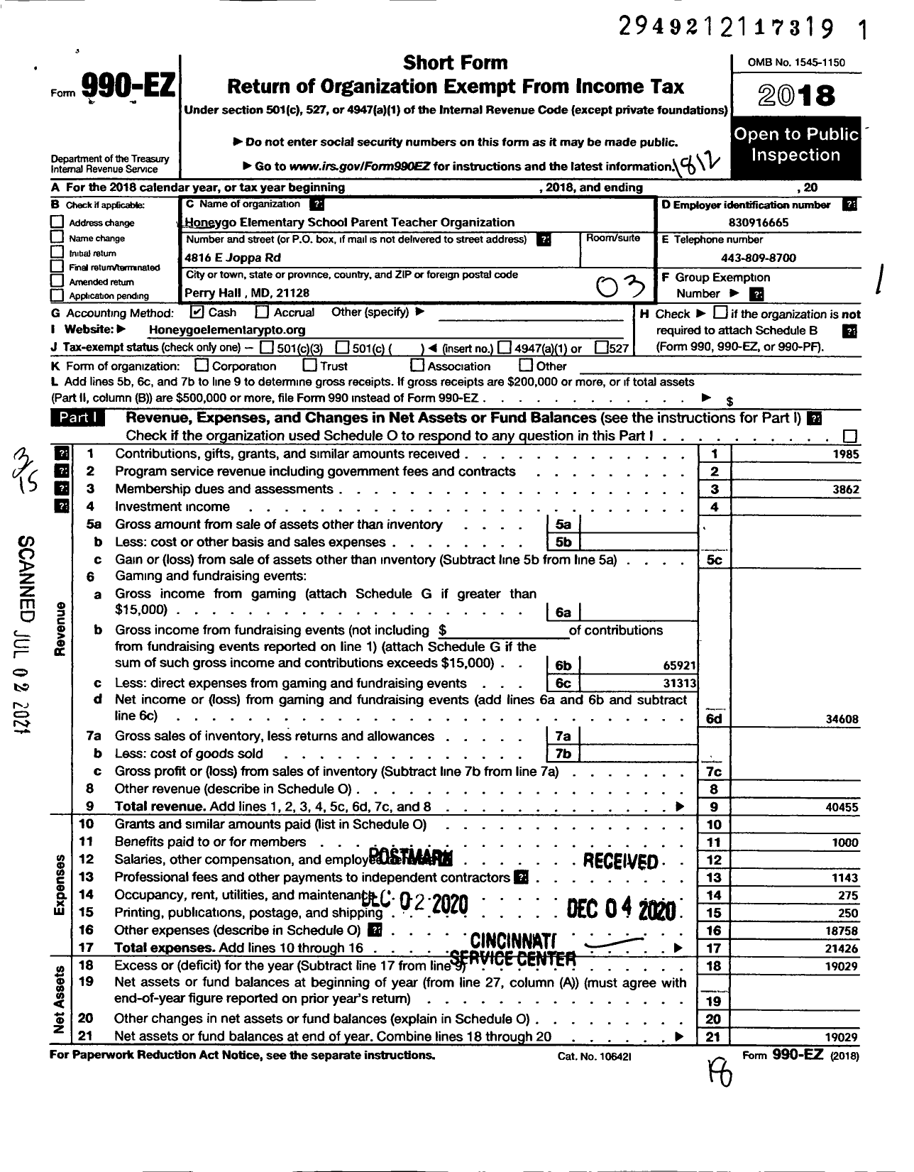 Image of first page of 2018 Form 990EZ for Honeygo Elementary School Pto