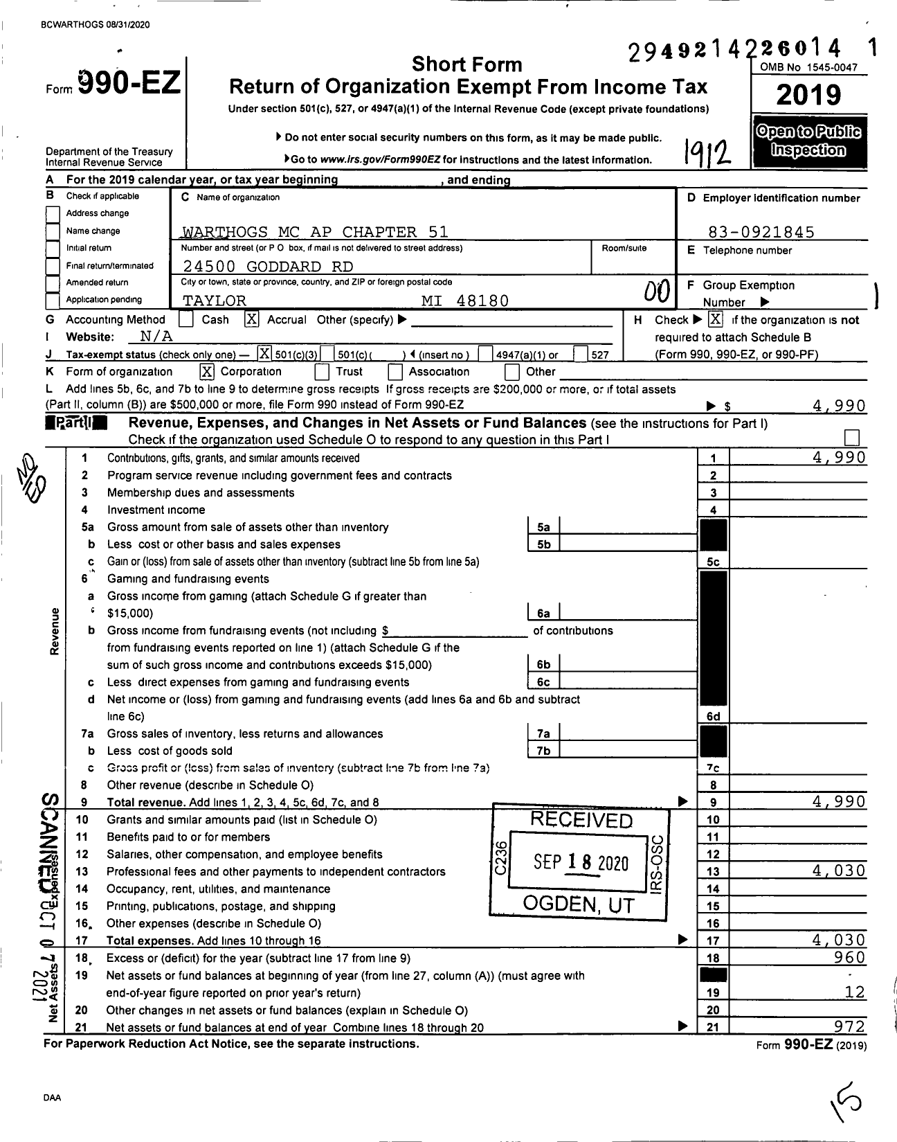 Image of first page of 2019 Form 990EO for Warthogs MC Ap Chapter 51