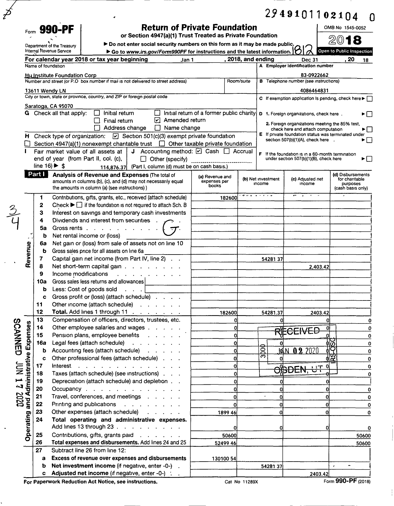 Image of first page of 2018 Form 990PR for Hu Institute Foundation Corporation