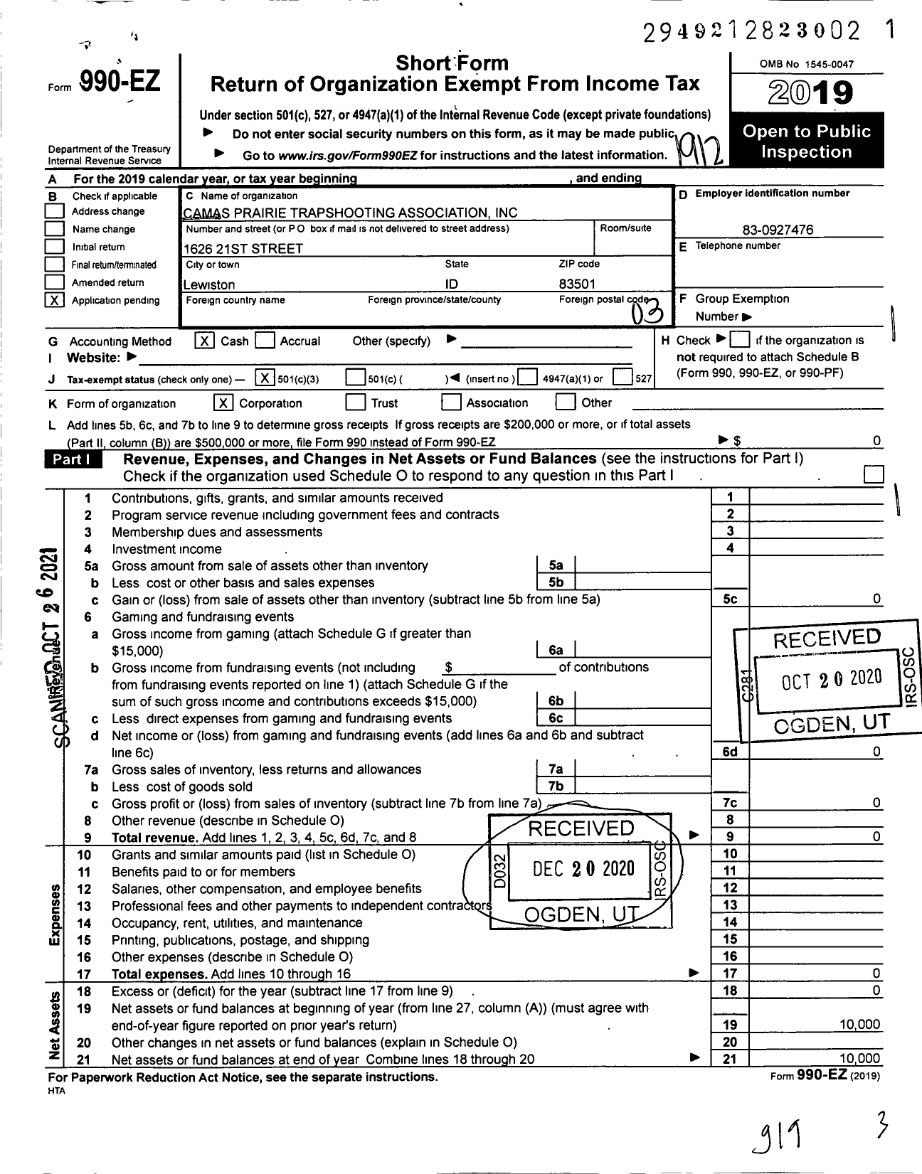 Image of first page of 2019 Form 990EZ for Camas Prairie Trapshooting Association