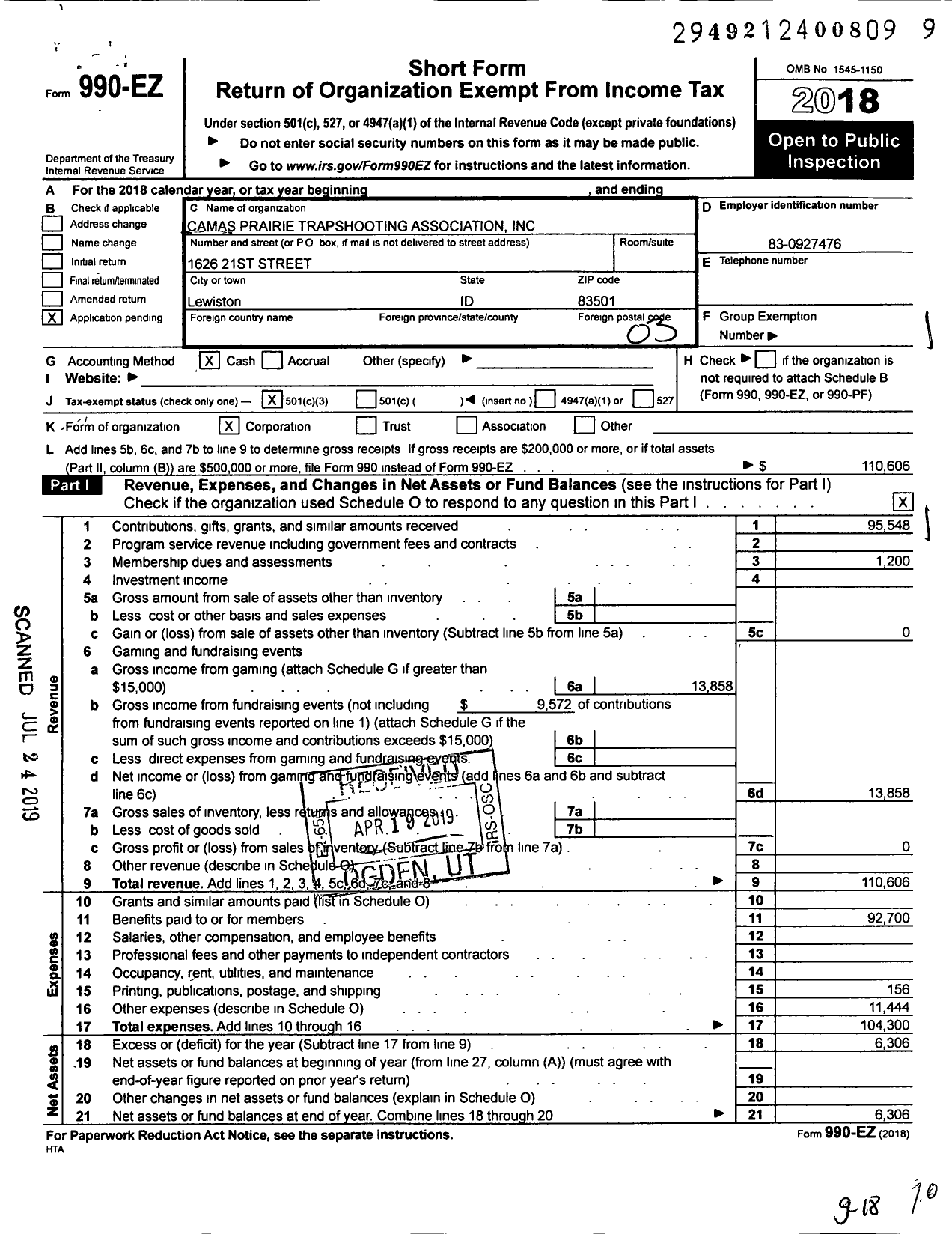 Image of first page of 2018 Form 990EZ for Camas Prairie Trapshooting Association