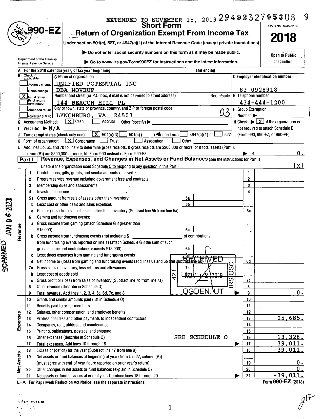 Image of first page of 2018 Form 990EZ for Moveup