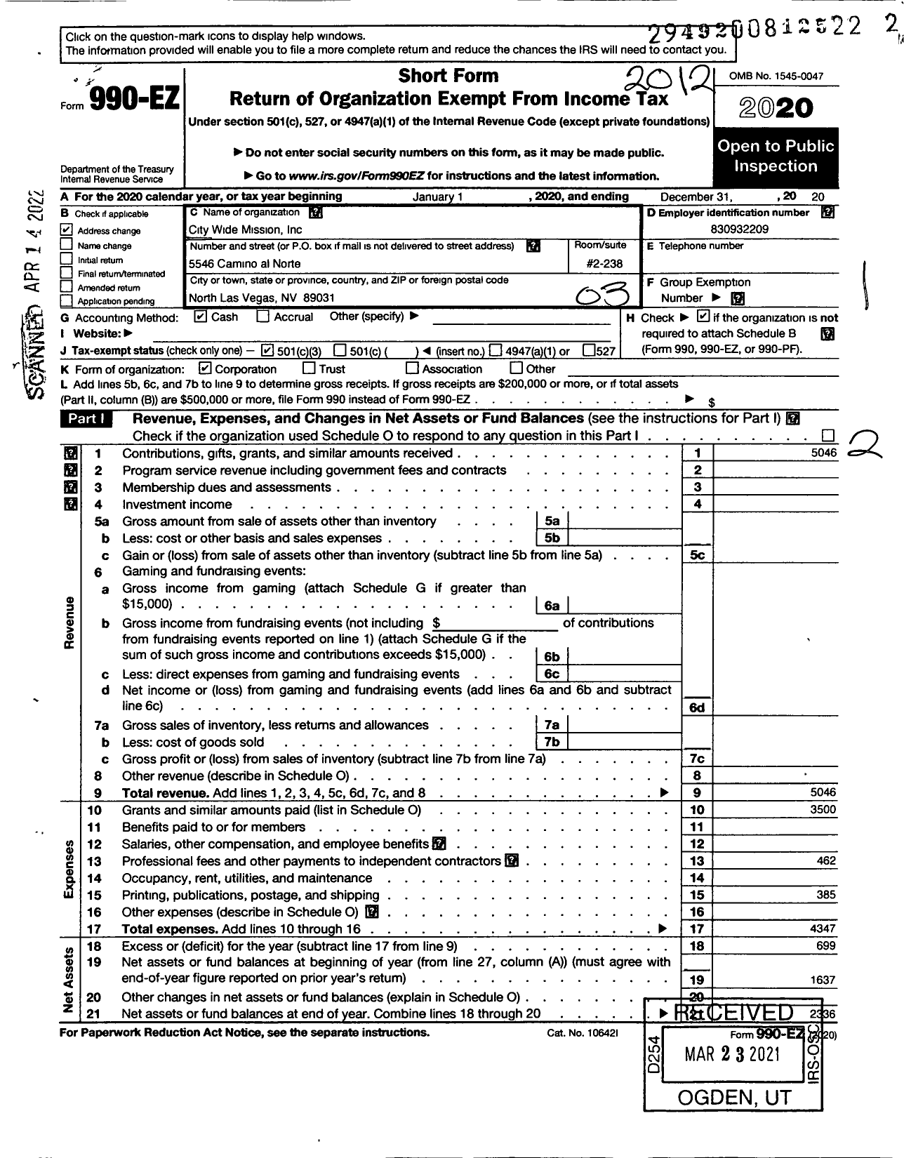 Image of first page of 2020 Form 990EZ for City Wide Mission